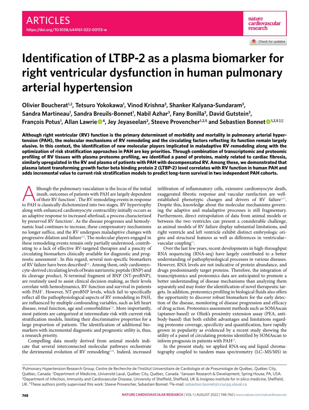 Identification Of Ltbp2 As A Plasma Biomarker For Right Ventricular Dysfunction In Human Pulmonary Arterial Hypertension Olivier Boucherat Tetsuro Yokokawa Vinod Krishna Shanker Kalyanasundaram Sandra Martineau Sandra Breuilsbonnet Nabil Azhar Fany Bonilla David Gutstein François Potus Allan Lawrie Jey Jeyaseelan Steeve Provencher Sebastien