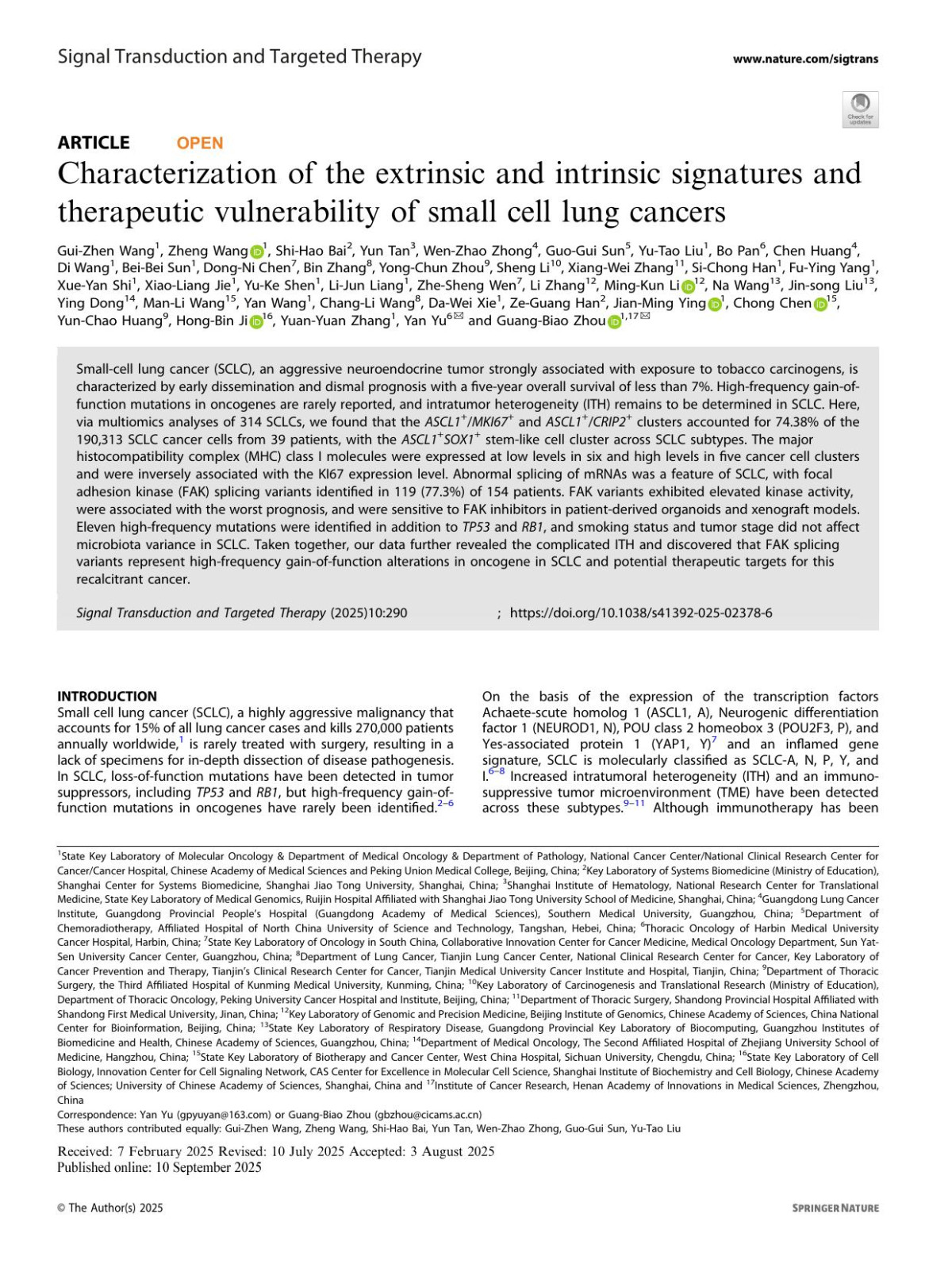 Characterization Of The Extrinsic And Intrinsic Signatures And Therapeutic Vulnerability Of Small Cell Lung Cancers Guizhen Wang Zheng Wang Shihao Bai Yun Tan Wenzhao Zhong Guogui Sun Yutao Liu Bo Pan Chen Huang Di Wang Beibei Sun Dongni Chen Bin Zhang Yongchun Zhou Sheng Li Xiangwei Zhang Sichong Han Fuying Yang
