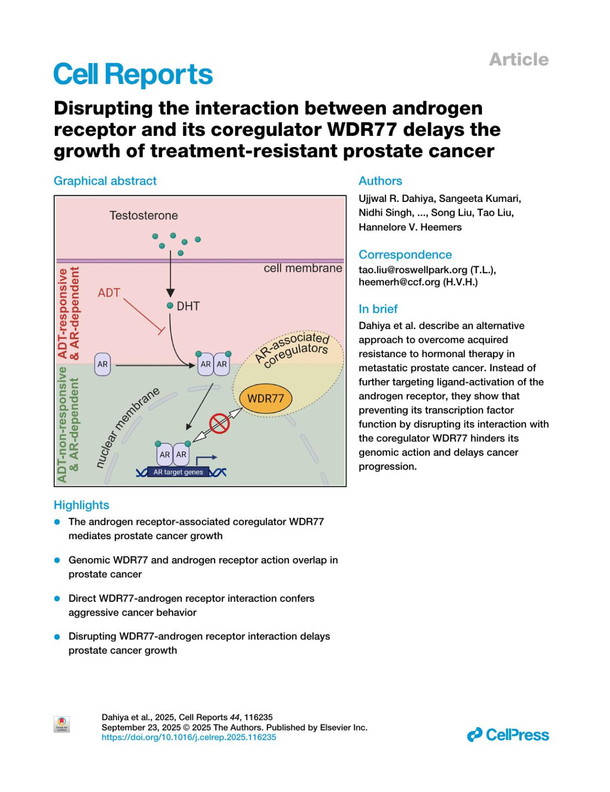 Disrupting The Interaction Between Androgenreceptor And Its Coregulator Wdr77 Delays Thegrowth Of Treatmentresistant Prostate Cancer Ujjwal R Dahiya Sangeeta Kumari Nidhi Singh Chitra Rawat Eduardo Cortes Yara Ghanem Eva Corey Scott M Dehm Belinda Willard Mohammed Alshalalfa Elai Davicioni Jesse Mckenney Christopher Weight Samuel C Haywood Song Liu
