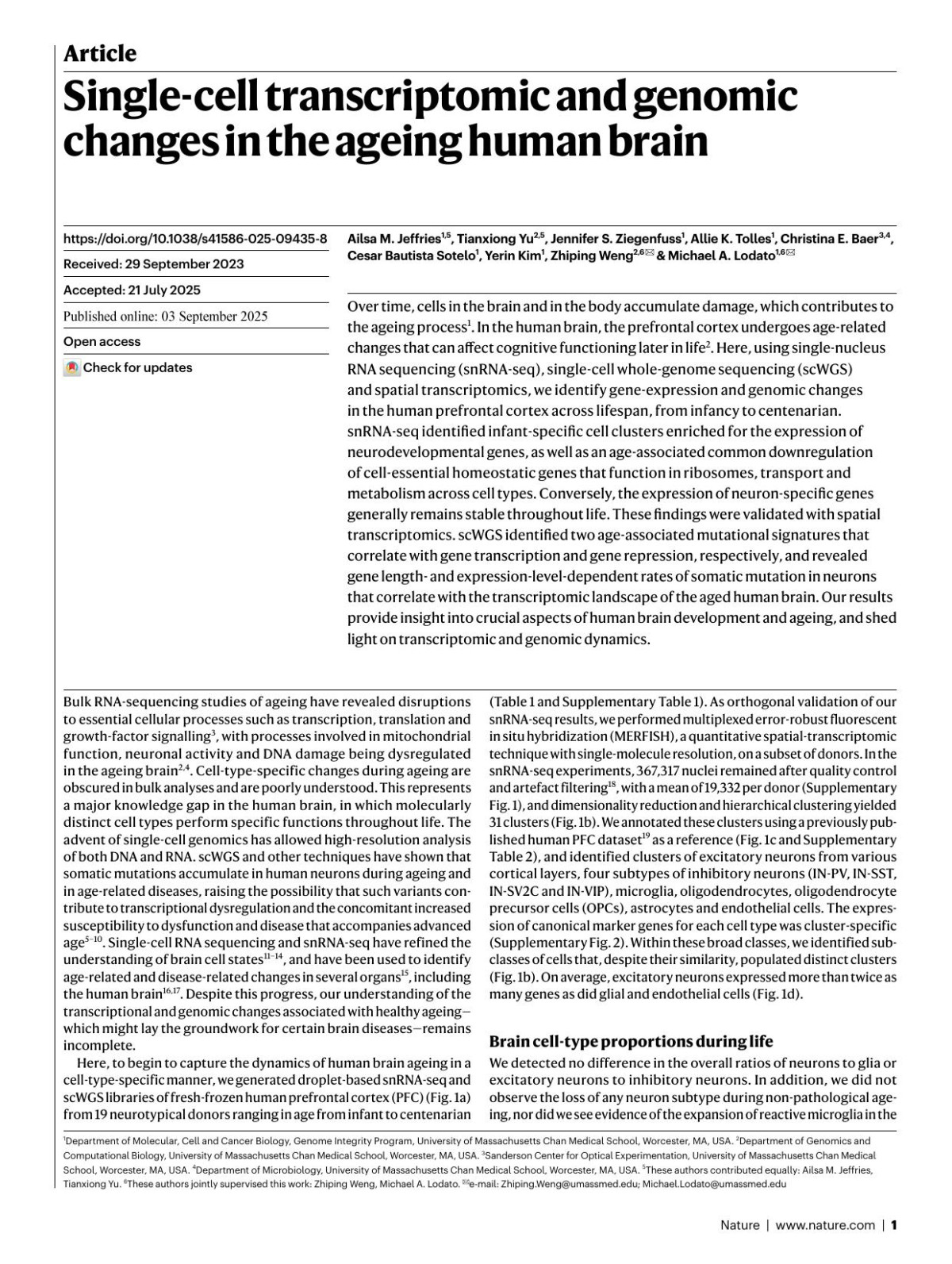 Singlecell Transcriptomic And Genomic Changes In The Ageing Human Brain Ailsa M Jeffries Tianxiong Yu Jennifer S Ziegenfuss Allie K Tolles Christina E Baer Cesar Bautista Sotelo Yerin Kim Zhiping Weng Michael A Lodato