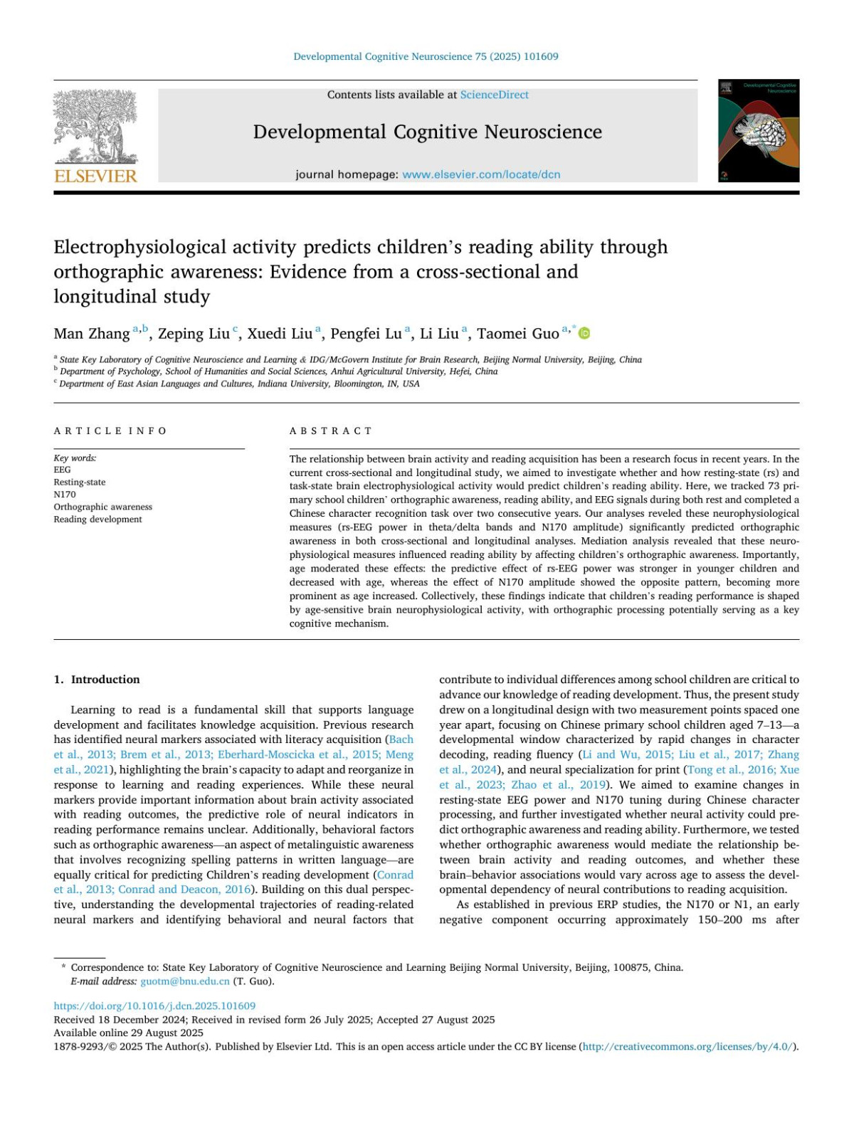 Electrophysiological Activity Predicts Childrens Reading Ability Through Orthographic Awareness Evidence From A Crosssectional And Longitudinal Study Man Zhang