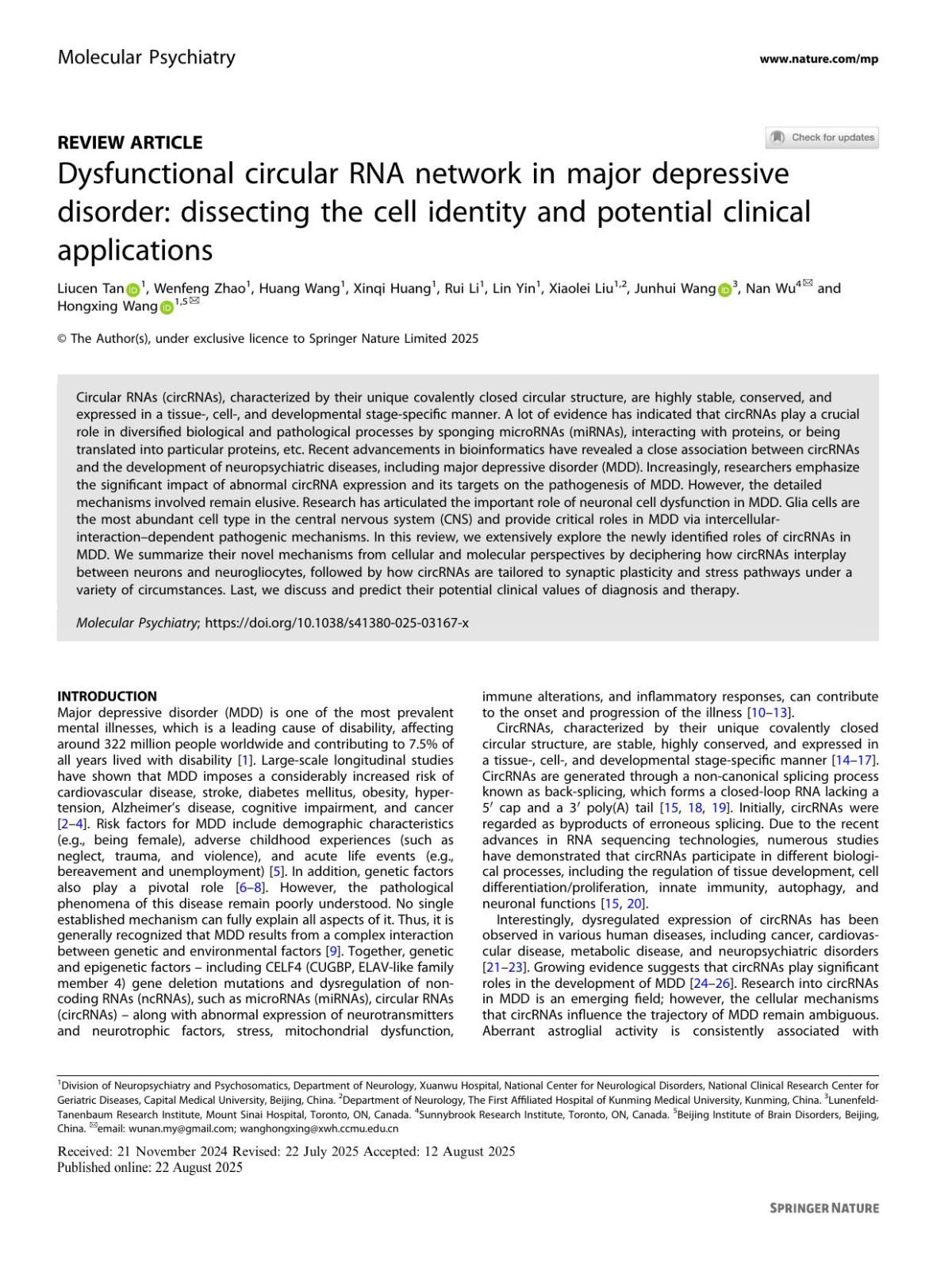 Dysfunctional Circular Rna Network In Major Depressive Disorder Dissecting The Cell Identity And Potential Clinical Applications Liucen Tan Wenfeng Zhao Huang Wang Xinqi Huang Rui Li Lin Yin Xiaolei Liu Junhui Wang Nan Wu Hongxing Wang