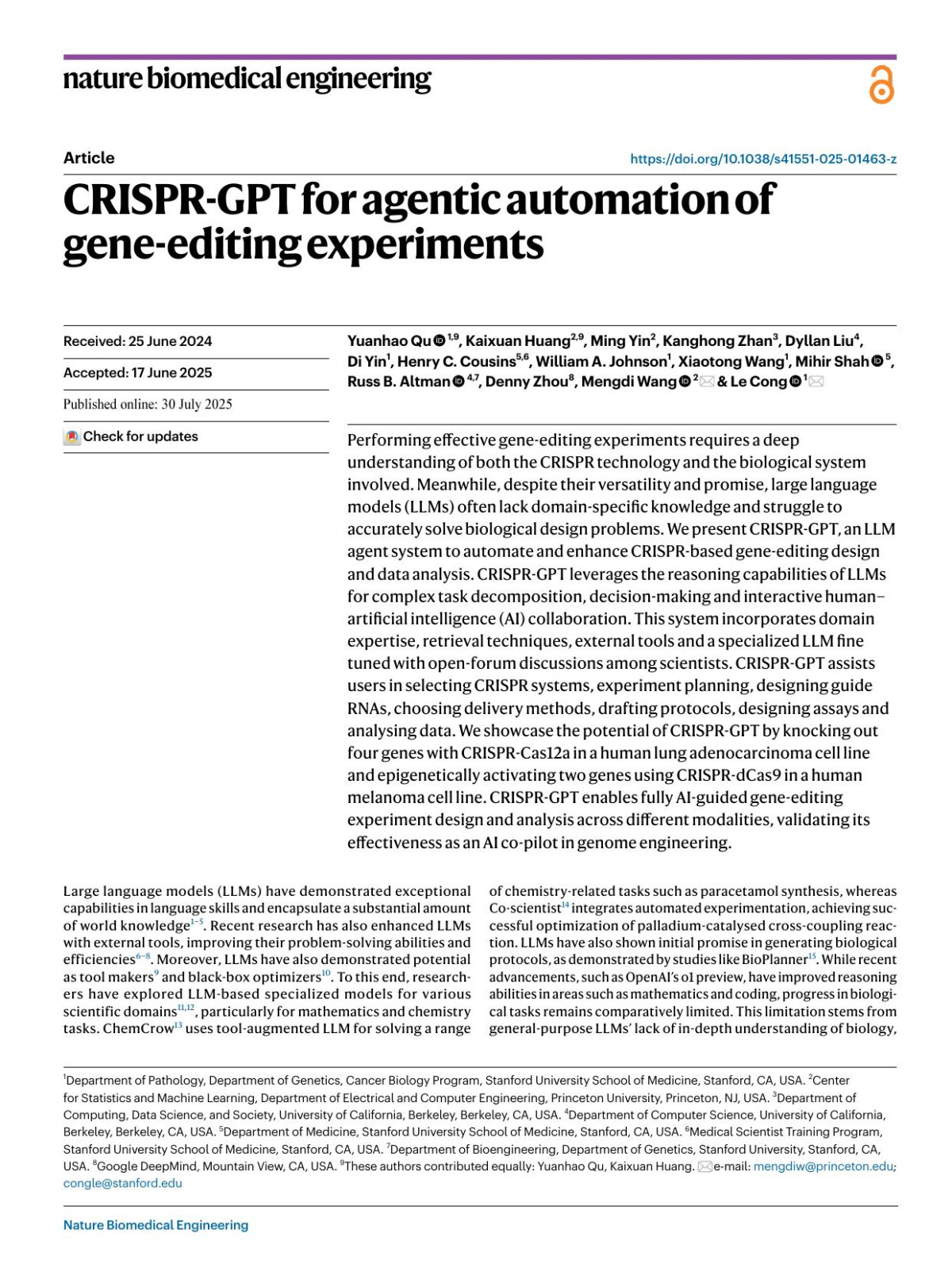 Crisprgpt For Agentic Automation Of Geneediting Experiments Yuanhao Qu Kaixuan Huang Ming Yin Kanghong Zhan Dyllan Liu Di Yin Henry C Cousins William A Johnson Xiaotong Wang Mihir Shah Russ B Altman Denny Zhou Mengdi Wang Le Cong