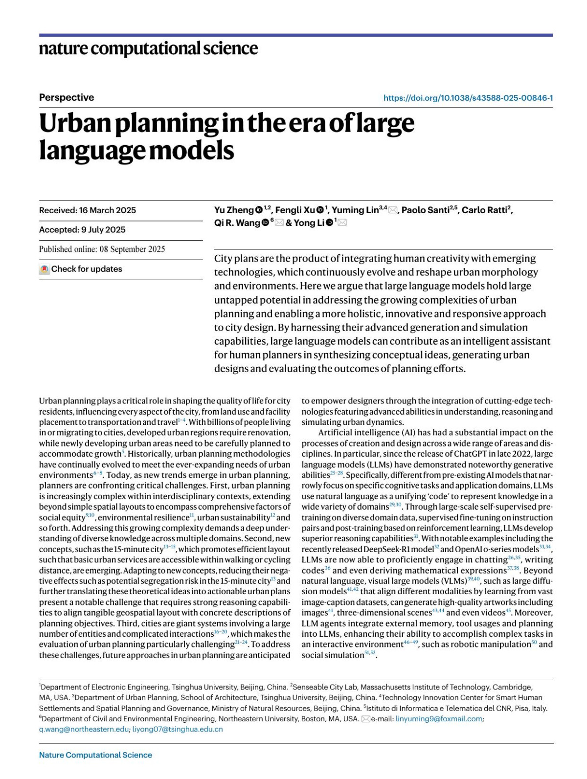 Urban Planning In The Era Of Large Language Models Yu Zheng Fengli Xu Yuming Lin Paolo Santi Carlo Ratti Qi R Wang Yong Li
