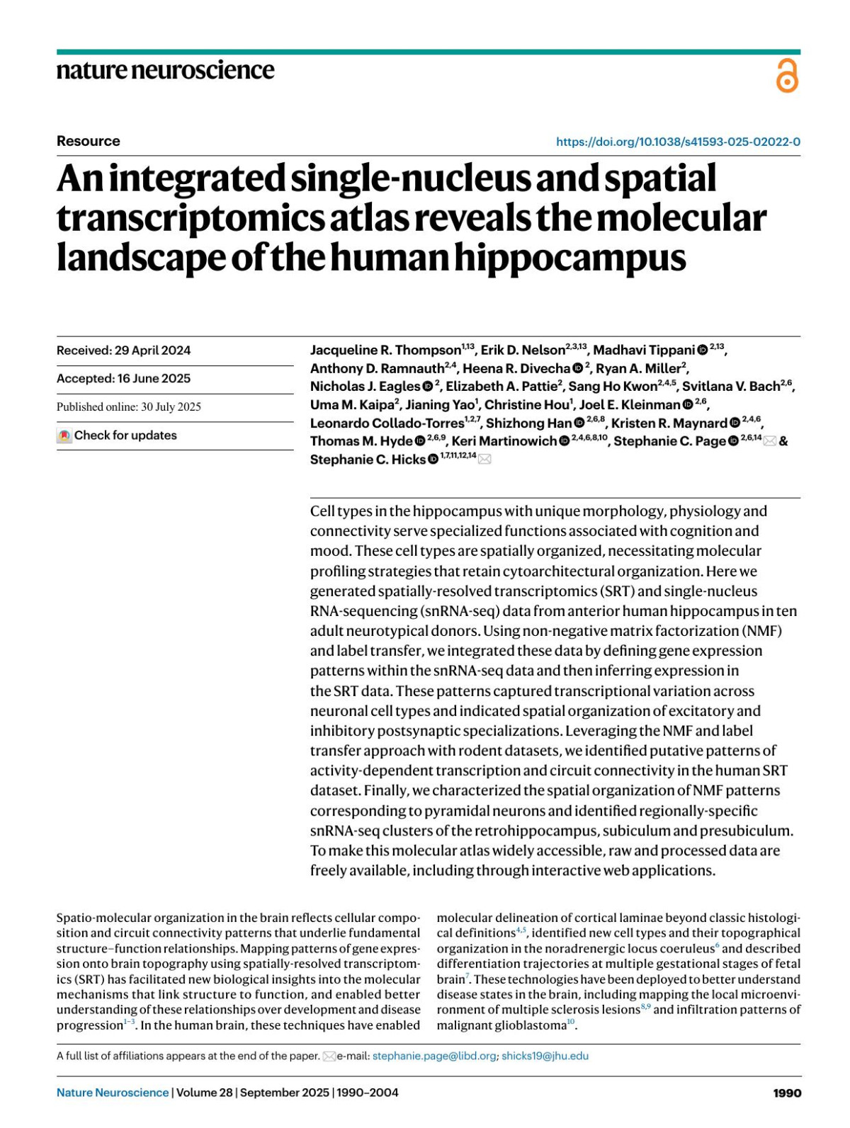 An Integrated Singlenucleus And Spatial Transcriptomics Atlas Reveals The Molecular Landscape Of The Human Hippocampus Jacqueline R Thompson Erik D Nelson Madhavi Tippani Anthony D Ramnauth Heena R Divecha Ryan A Miller Nicholas J Eagles Elizabeth A Pattie Sang Ho Kwon Svitlana V Bach Uma M Kaipa Jianing Yao Christine Hou Joel E
