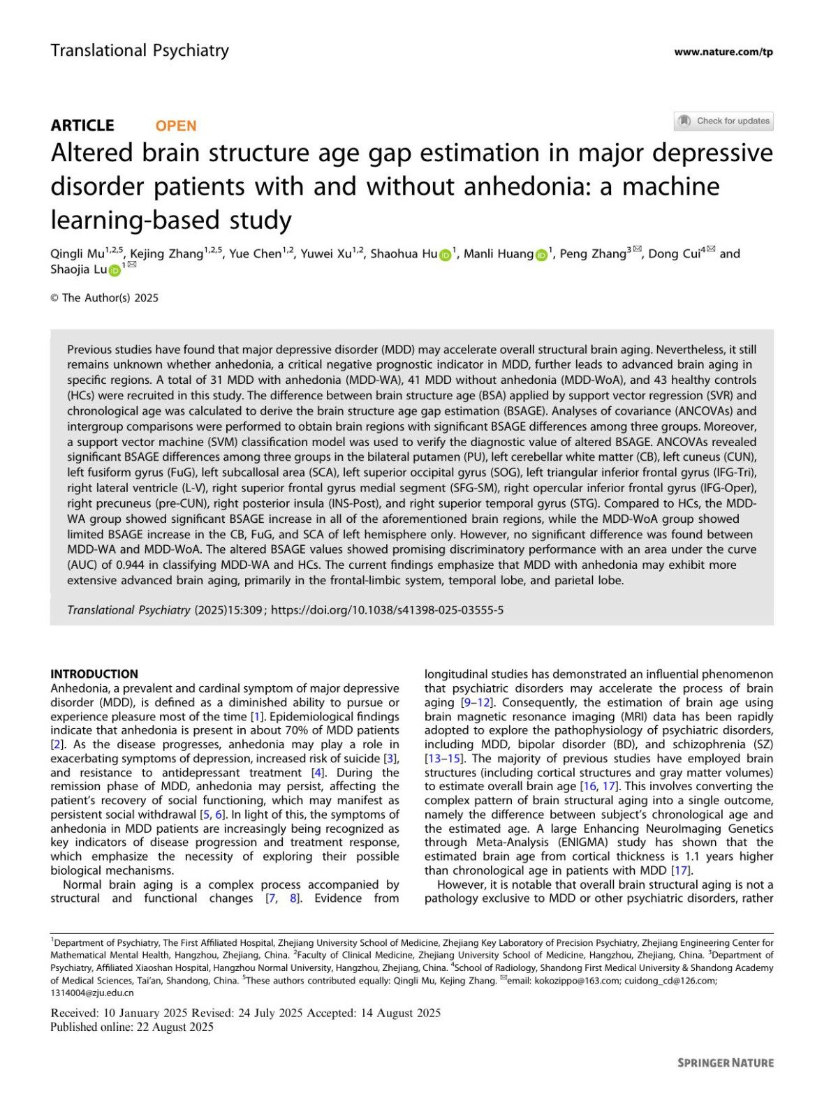 Altered Brain Structure Age Gap Estimation In Major Depressive Disorder Patients With And Without Anhedonia A Machine Learningbased Study Qingli Mu Kejing Zhang Yue Chen Yuwei Xu Shaohua Hu Manli Huang Peng Zhang Dong Cui Shaojia Lu