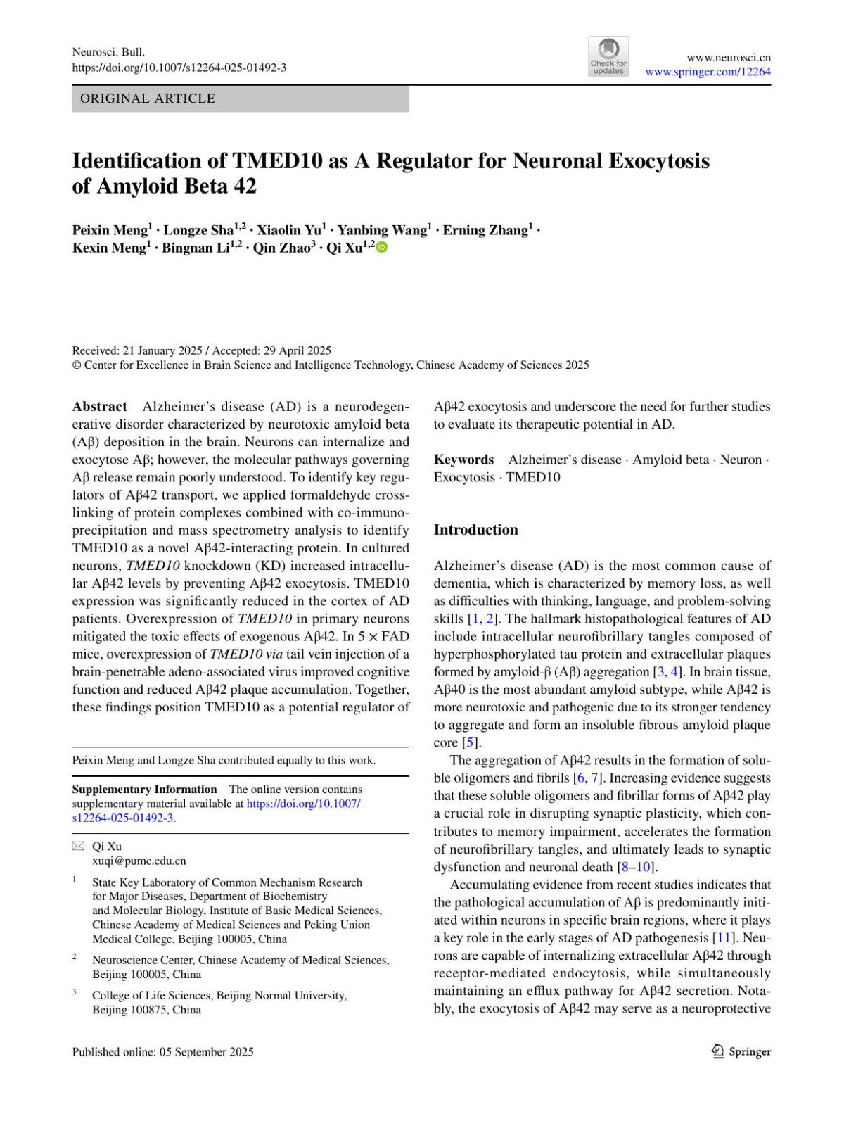 Identification Of Tmed10 As A Regulator For Neuronal Exocytosis Of Amyloid Beta 42 Peixin Meng Longze Sha Xiaolin Yu Yanbing Wang Erning Zhang Kexin Meng Bingnan Li Qin Zhao Qi Xu