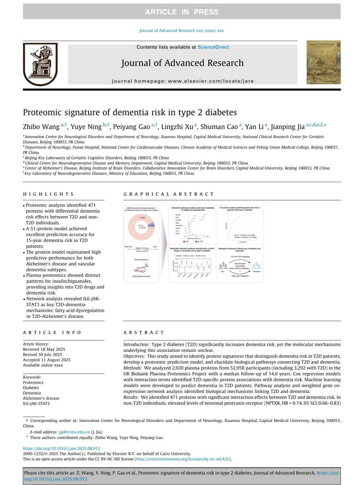 Proteomic Signature Of Dementia Risk In Type 2 Diabetes Zhibo Wang Yuye Ning Peiyang Gao Lingzhi Xu Shuman Cao Yan Li Jianping Jia