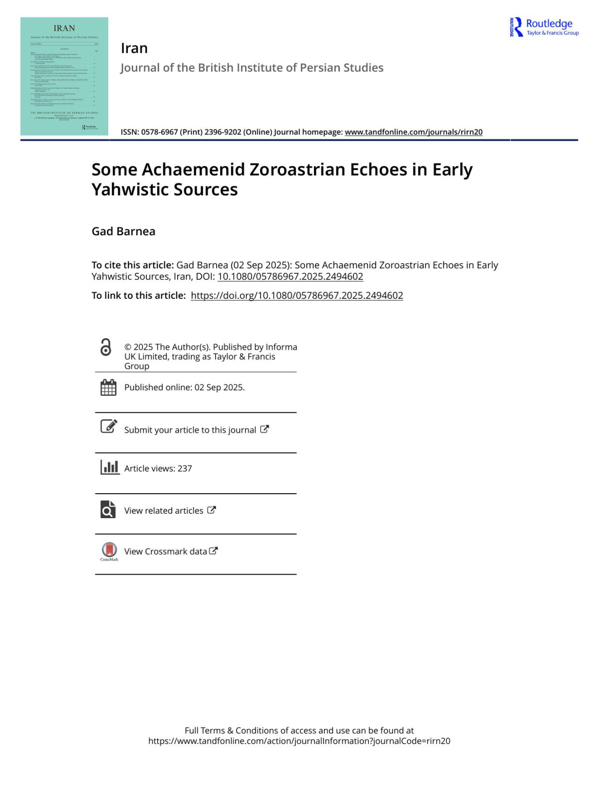 Some Achaemenid Zoroastrian Echoes In Early Yahwistic Sources Gad Barnea