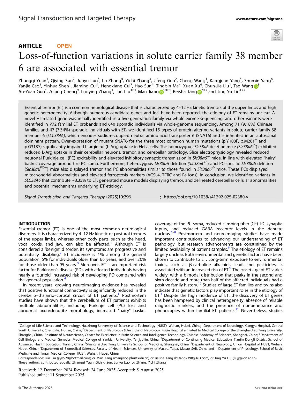 Lossoffunction Variations In Solute Carrier Family 38 Member 6 Are Associated With Essential Tremor Zhangqi Yuan Qiying Sun Junyu Luo Lu Zhang Yichi Zhang Jifeng Guo Cheng Wang Kangjuan Yang Shumin Yang Yanjie Cao Yinhua Shen Jiaming Cui Hengxiang Cui Hao Sun Tingbin Ma Xuan Xu Chunjie Liu Tao Wang Anyuan Guo