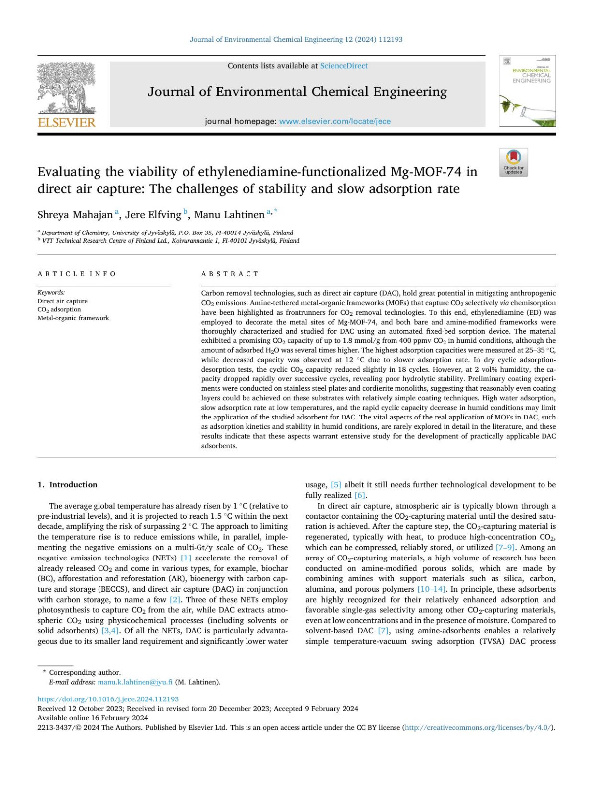 Evaluating The Viability Of Ethylenediaminefunctionalized Mgmof74 In Direct Air Capture The Challenges Of Stability And Slow Adsorption Rate Shreya Mahajan