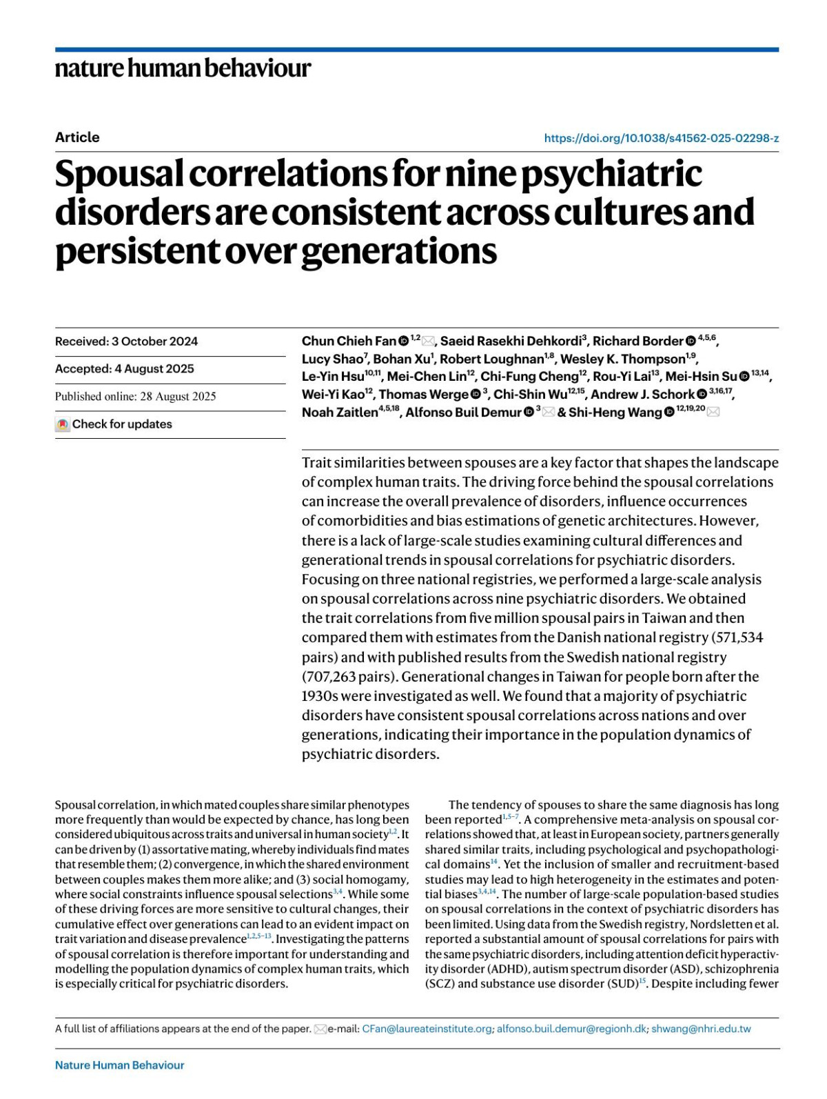 Spousal Correlations For Nine Psychiatric Disorders Are Consistent Across Cultures And Persistent Over Generations Chun Chieh Fan Saeid Rasekhi Dehkordi Richard Border Lucy Shao Bohan Xu Robert Loughnan Wesley K Thompson Leyin Hsu Meichen Lin Chifung Cheng Rouyi Lai Meihsin Su Weiyi Kao Thomas Werge Chishin Wu Andrew J Schork