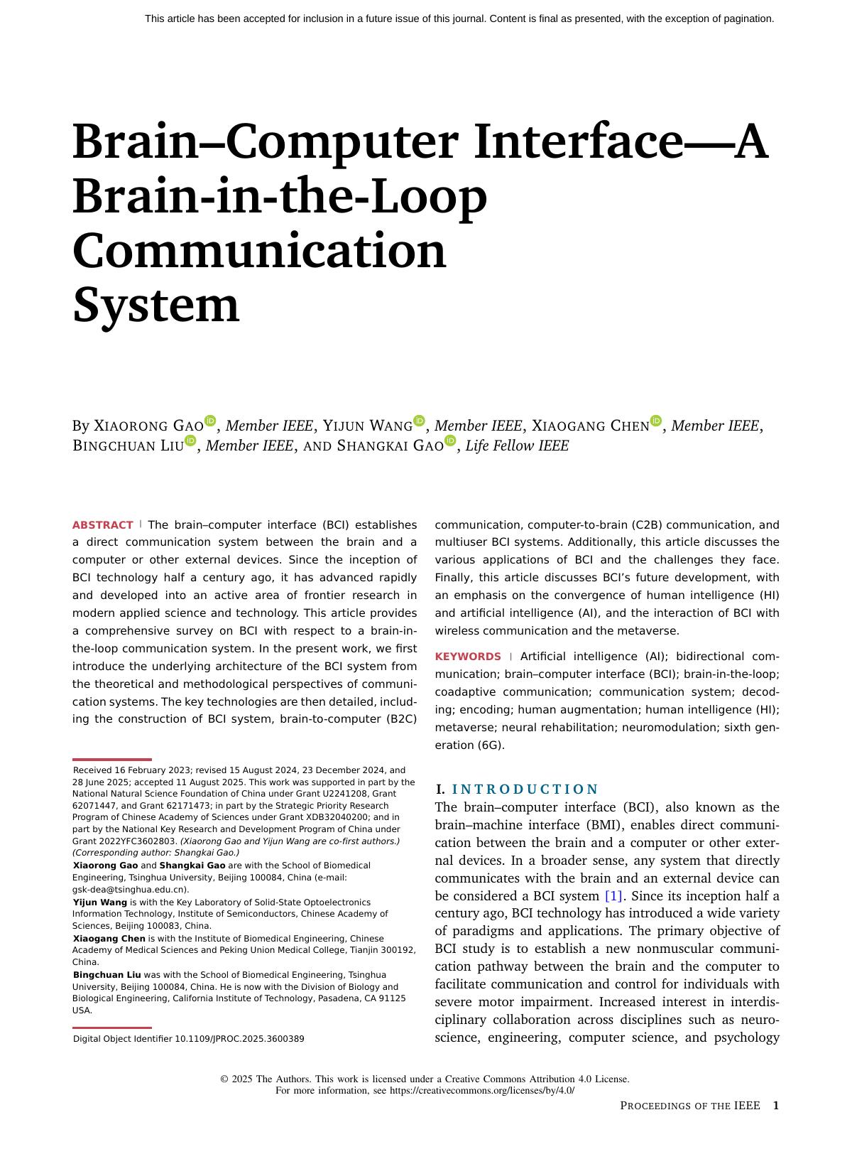 Braincomputer Interfaceabrainintheloopcommunicationsystem Xiaorong Gao Yijun Wang Xiaogang Chen Bingchuan Liu Shangkai Gao