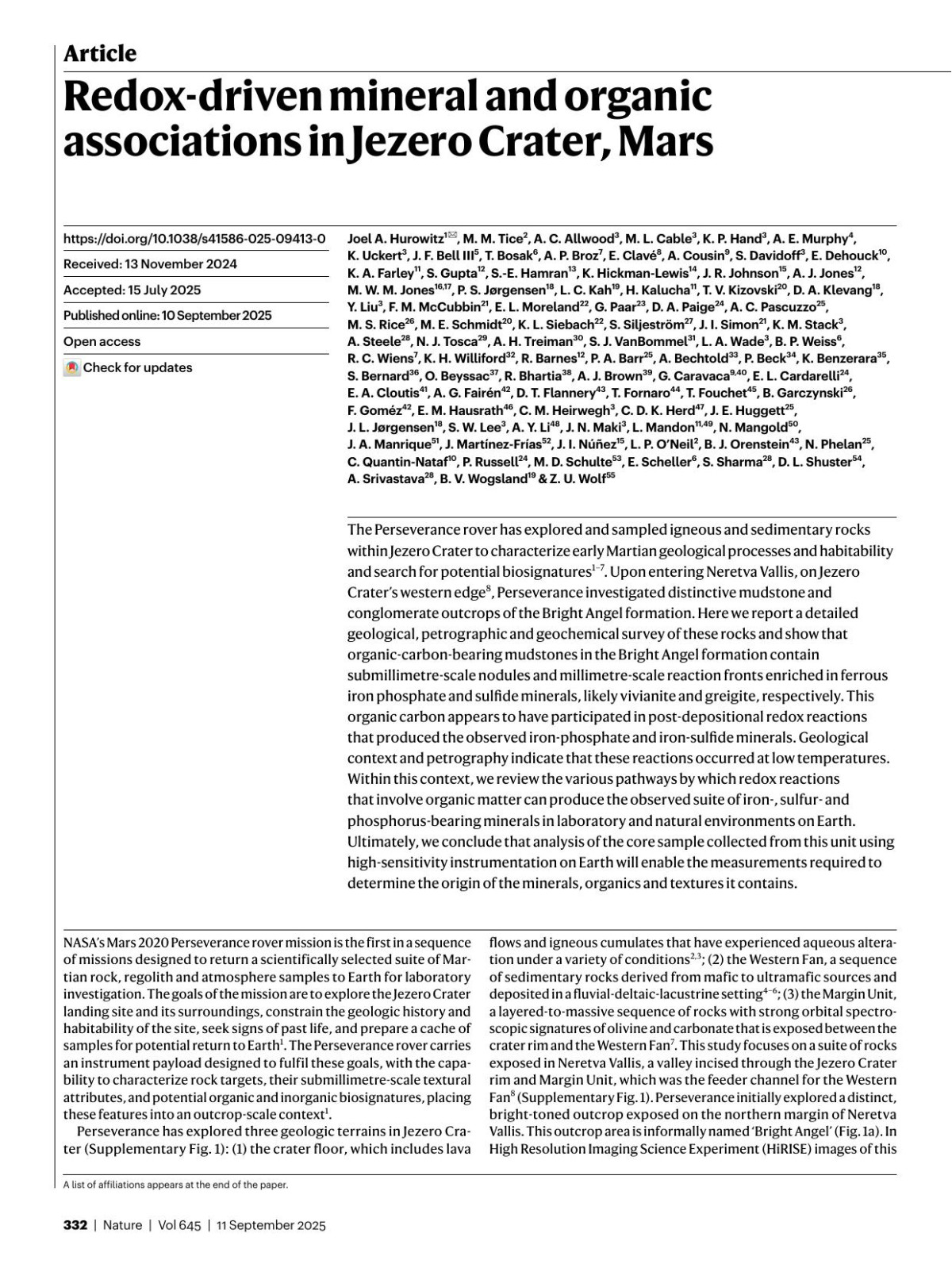 Redoxdriven Mineral And Organic Associations In Jezero Crater Mars Joel A Hurowitz M M Tice A C Allwood M L Cable K P Hand A E Murphy K Uckert J F Bell T Bosak A P Broz E Clavé A Cousin S Davidoff E Dehouck K A Farley S Gupta Se Hamran K Hickmanlewis J