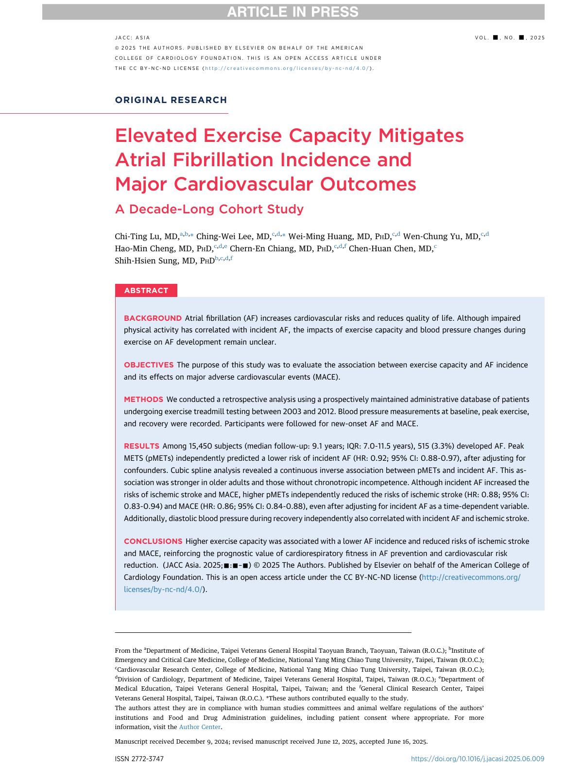 Elevated Exercise Capacity Mitigates Atrial Fibrillation Incidence And Major Cardiovascular Outcomes Chiting Lu Md Chingwei Lee Md Weiming Huang Md Phd Wenchung Yu Md Haomin Cheng Md Phd Chernen Chiang Md Phd Chenhuan Chen Md Shihhsien Sung Md Phd