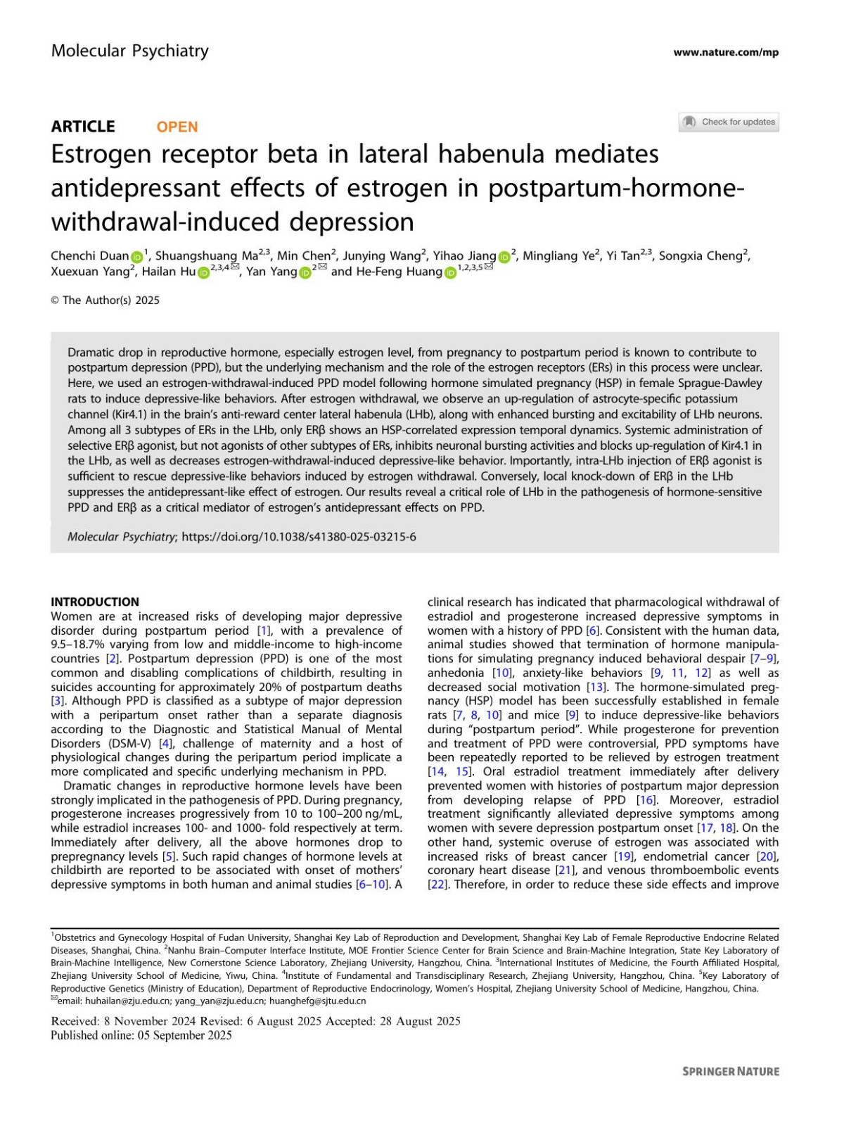 Estrogen Receptor Beta In Lateral Habenula Mediates Antidepressant Effects Of Estrogen In Postpartumhormonewithdrawalinduced Depression Chenchi Duan Shuangshuang Ma Min Chen Junying Wang Yihao Jiang Mingliang Ye Yi Tan Songxia Cheng Xuexuan Yang Hailan Hu Yan Yang Hefeng Huang