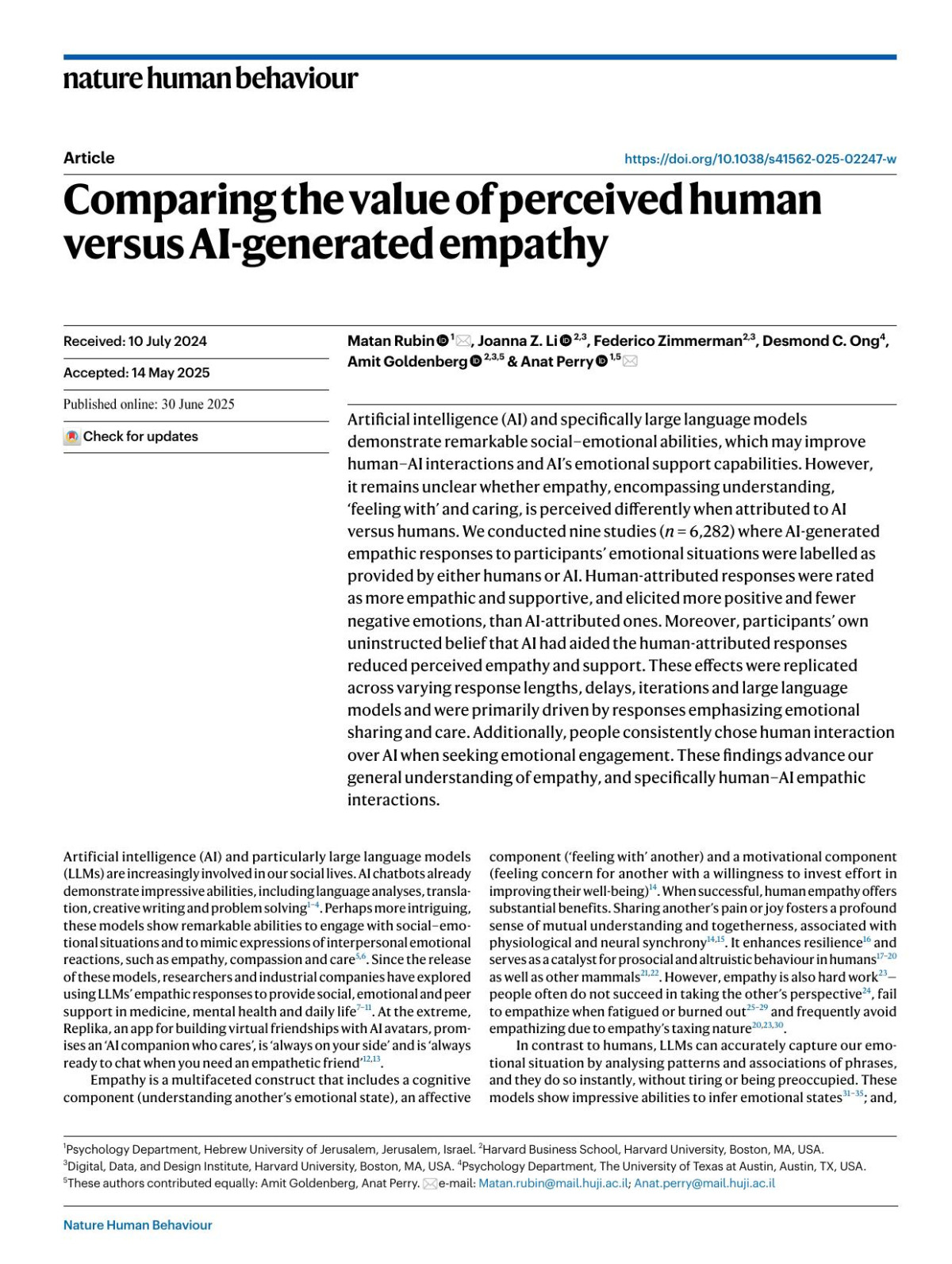 Comparing The Value Of Perceived Human Versus Aigenerated Empathy Matan Rubin Joanna Z Li Federico Zimmerman Desmond C Ong Amit Goldenberg Anat Perry