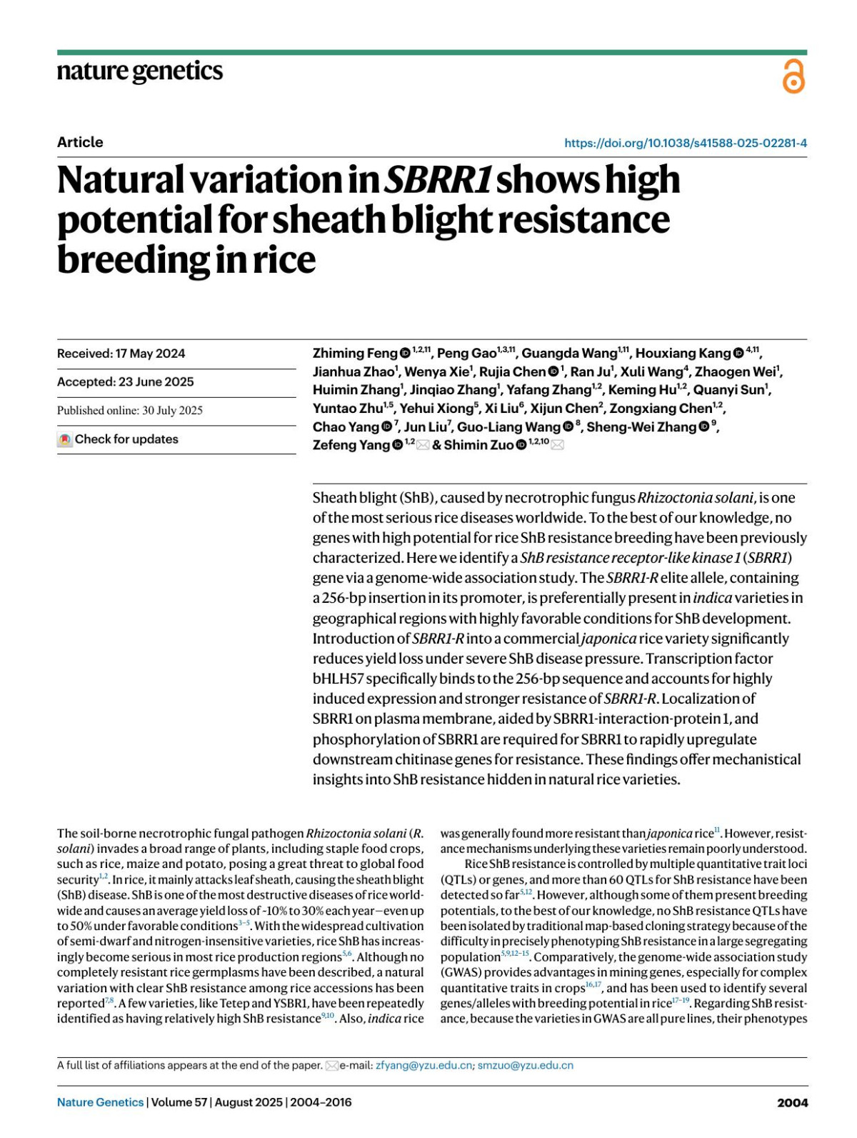 Natural Variation In Sbrr1 Shows High Potential For Sheath Blight Resistance Breeding In Rice 1st Edition Zhiming Feng Peng Gao Guangda Wang Houxiang Kang Jianhua Zhao Wenya Xie Rujia Chen Ran Ju Xuli Wang Zhaogen Wei Huimin Zhang Jinqiao Zhang Yafang Zhang Keming Hu Quanyi Sun Yuntao Zhu Yehui Xiong Xi Liu Xijun Chen
