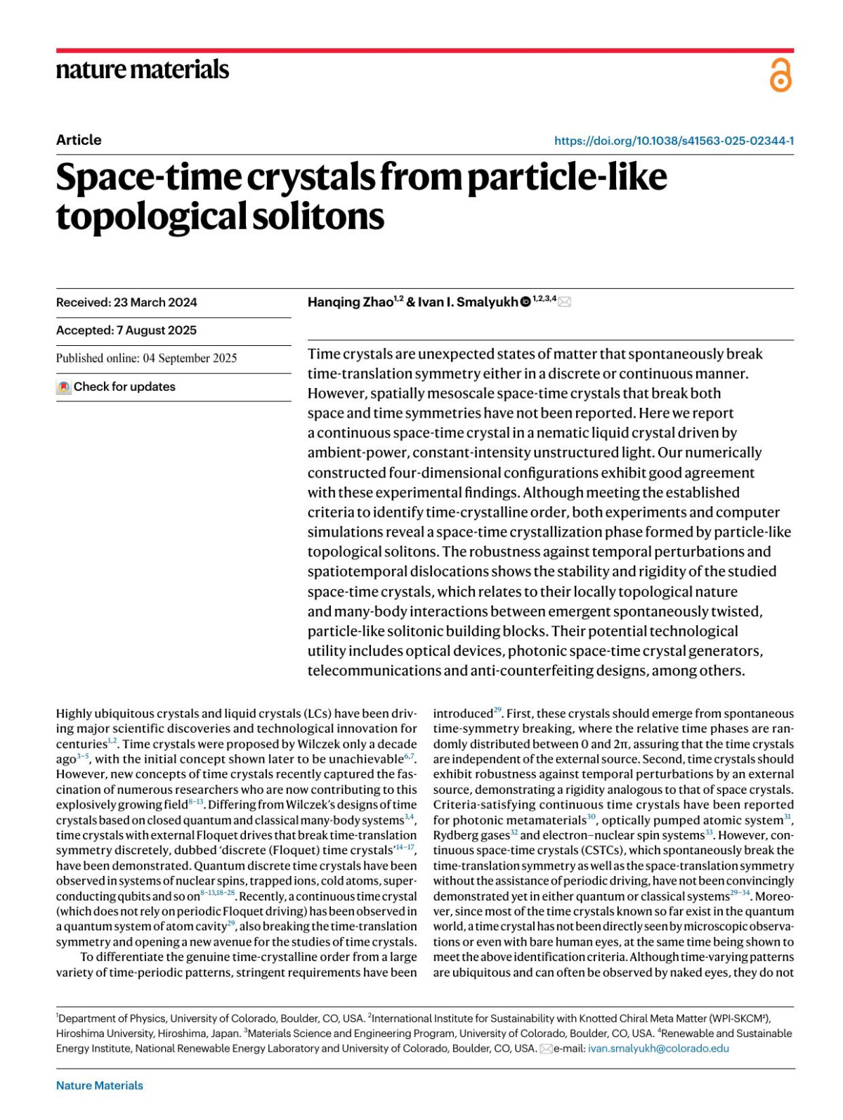 Spacetime Crystals From Particlelike Topological Solitons Hanqing Zhao Ivan I Smalyukh