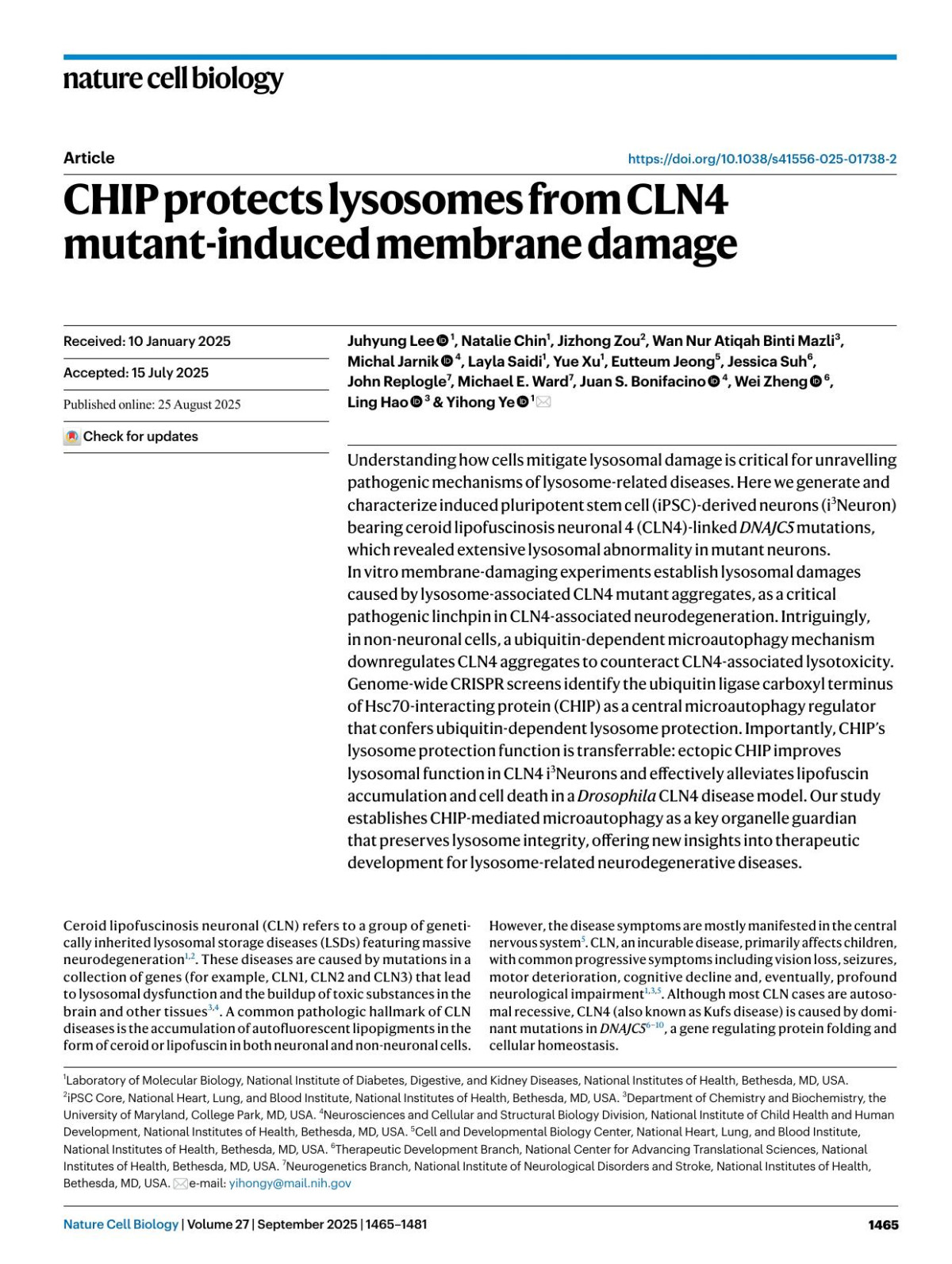 Chip Protects Lysosomes From Cln4 Mutantinduced Membrane Damage Juhyung Lee Natalie Chin Jizhong Zou Wan Nur Atiqah Binti Mazli Michal Jarnik Layla Saidi Yue Xu Eutteum Jeong Jessica Suh John Replogle Michael E Ward Juan S Bonifacino Wei Zheng Ling Hao Yihong Ye