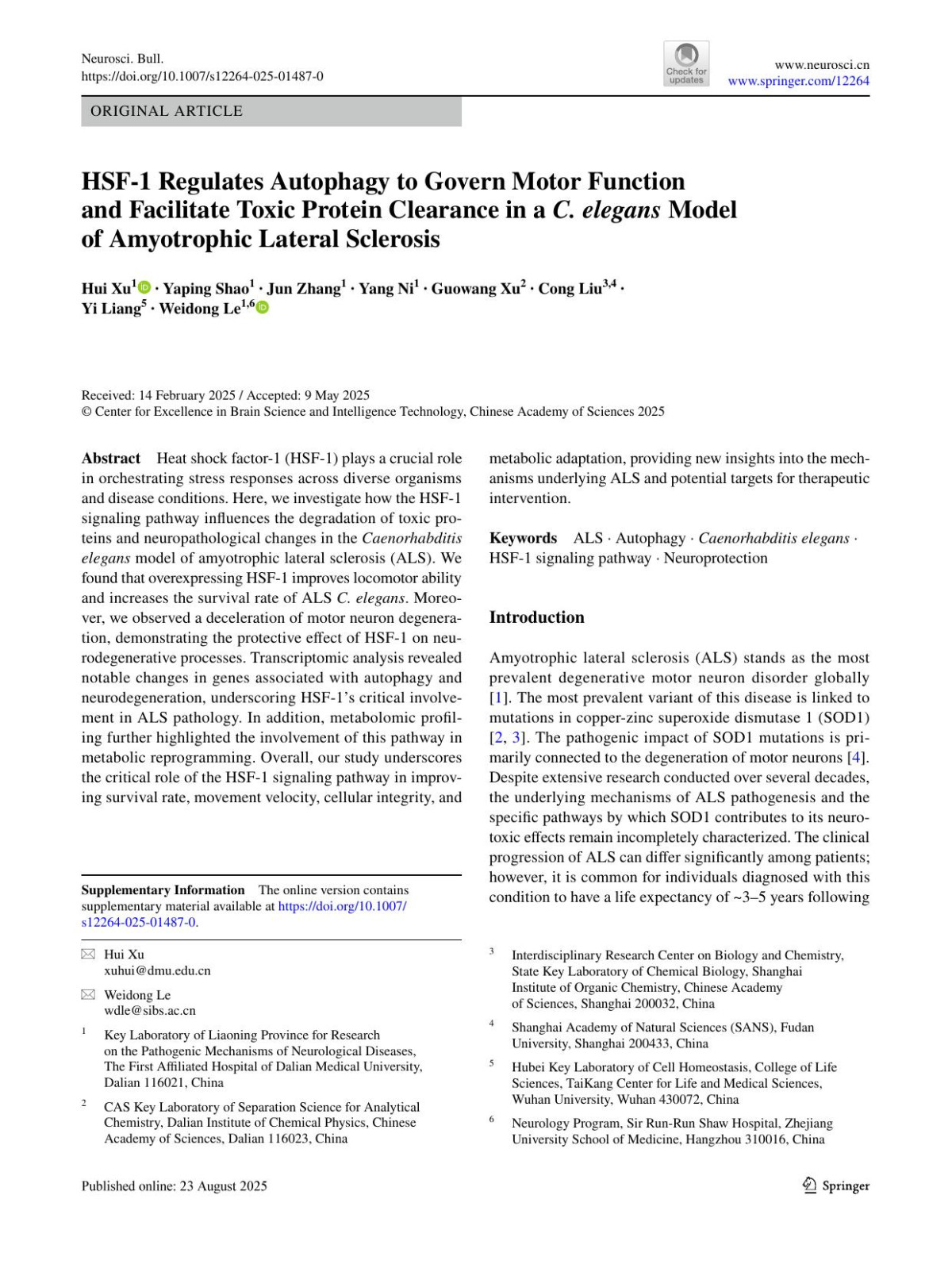 Hsf1 Regulates Autophagy To Govern Motor Function And Facilitate Toxic Protein Clearance In A C Elegans Model Of Amyotrophic Lateral Sclerosis Hui Xu Yaping Shao Jun Zhang Yang Ni Guowang Xu Cong Liu Yi Liang Weidong Le