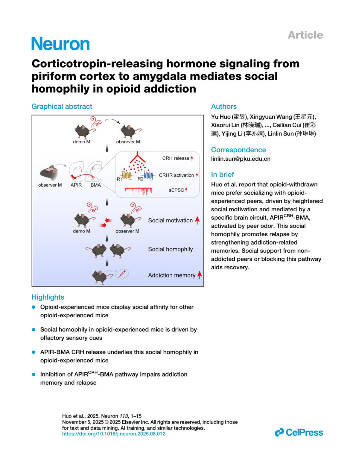 Corticotropinreleasing Hormone Signalingfrom Piriform Cortex To Amygdala Mediatessocial Homophily In Opioid Addiction Yu Huo 霍昱 Xingyuan Wang 王星元 Xiaorui Lin 林晓瑞 Jiaojiao Yu 于娇娇 Binlong Li 李斌龙 Zepeng Liu 刘泽鹏 Shengyang Guo 郭圣扬 Yutong Wang 王雨桐 Rongchun Tang 唐荣淳 Bofei Li 李泊霏 Shunjie Zhang 张舜杰 Yunke Zhang 张云可 Zhehan Jiang