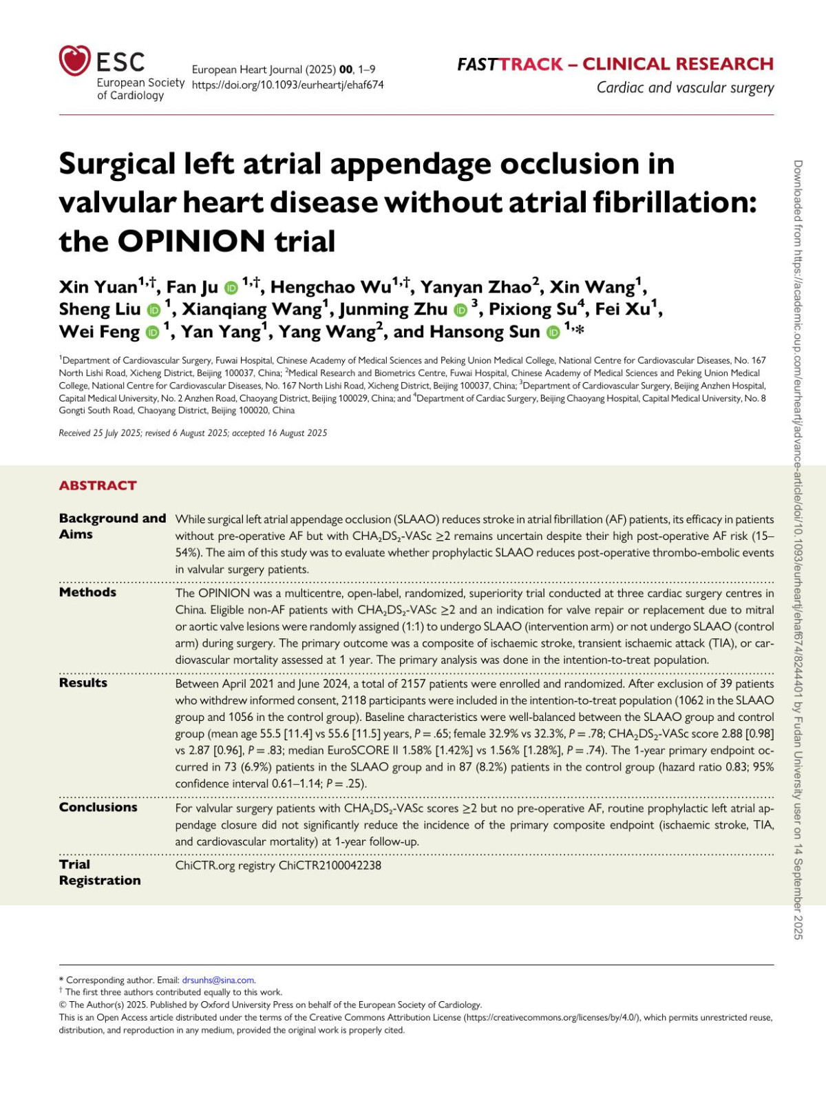 Surgical Left Atrial Appendage Occlusion In Valvular Heart Disease Without Atrial Fibrillation The Opinion Trial Xin Yuan Fan Ju Hengchao Wu Yanyan Zhao Xin Wang Sheng Liu Xianqiang Wang Junming Zhu Pixiong Su Fei Xu Wei Feng Yan Yang Yang Wang Hansong Sun