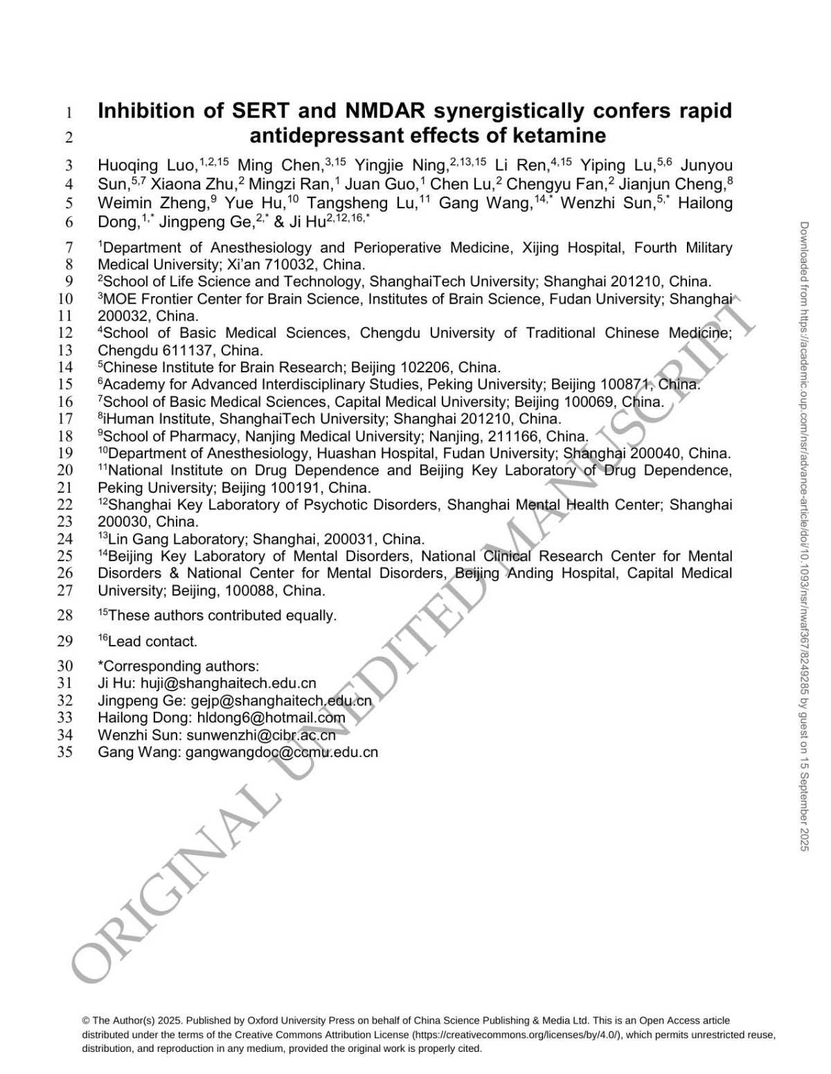 Inhibition Of Sert And Nmdar Synergistically Confers Rapid 2 Antidepressant Effects Of Ketamine Huoqing Luo