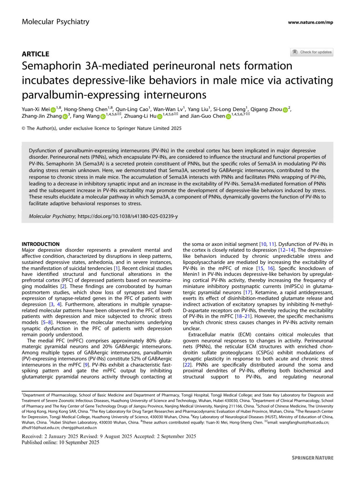 Semaphorin 3amediated Perineuronal Nets Formation Incubates Depressivelike Behaviors In Male Mice Via Activating Parvalbuminexpressing Interneurons Yuanxi Mei Hongsheng Chen Qunling Cao Wanwan Lv Yang Liu Silong Deng Qigang Zhou Zhangjin Zhang Fang Wang Zhuangli Hu Jianguo Chen