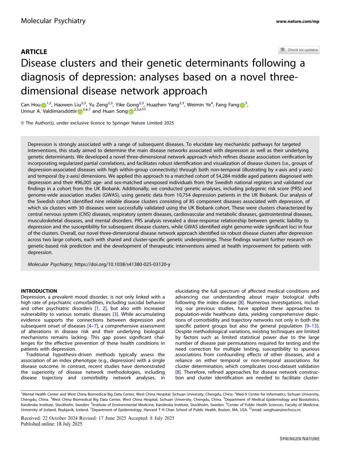 Disease Clusters And Their Genetic Determinants Following A Diagnosis Of Depression Analyses Based On A Novel Threedimensional Disease Network Approach Can Hou Haowen Liu Yu Zeng Yike Gong Huazhen Yang Weimin Ye Fang Fang Unnur A Valdimarsdóttir Huan Song