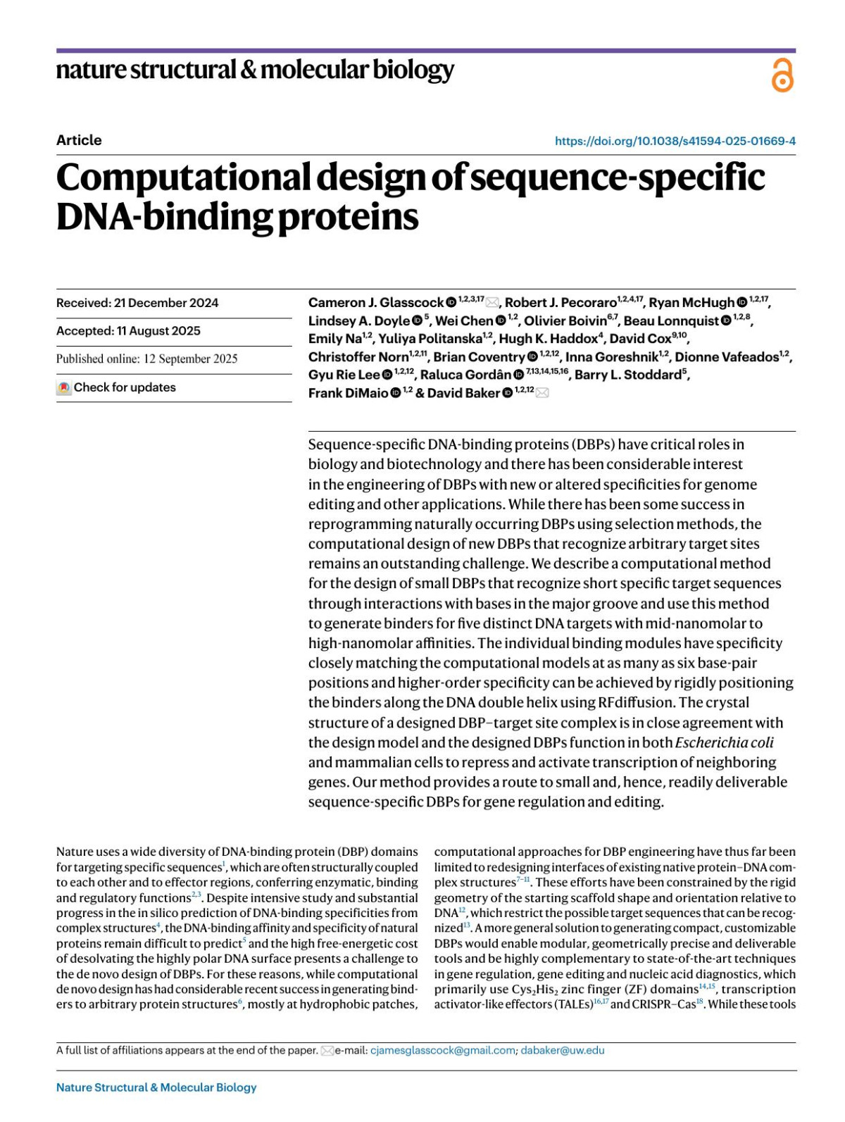 Computational Design Of Sequencespecific Dnabinding Proteins Cameron J Glasscock Robert J Pecoraro Ryan Mchugh Lindsey A Doyle Wei Chen Olivier Boivin Beau Lonnquist Emily Na Yuliya Politanska Hugh K Haddox David Cox Christoffer Norn Brian Coventry Inna Goreshnik Dionne Vafeados