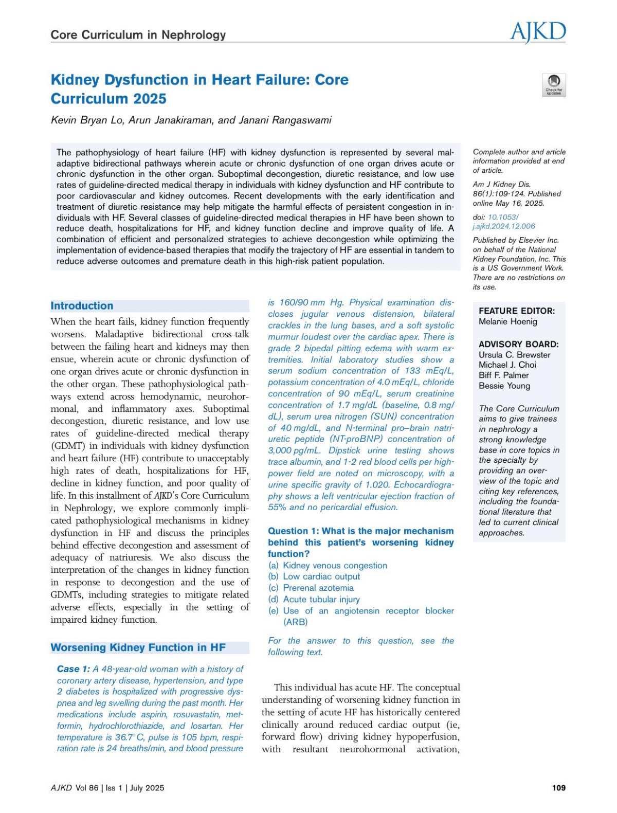 Kidney Dysfunction In Heart Failure Core Curriculum American Journal Of Kidney Diseases 86 2025 109124 Kevin Bryan Lo Arun Janakiraman Janani Rangaswami