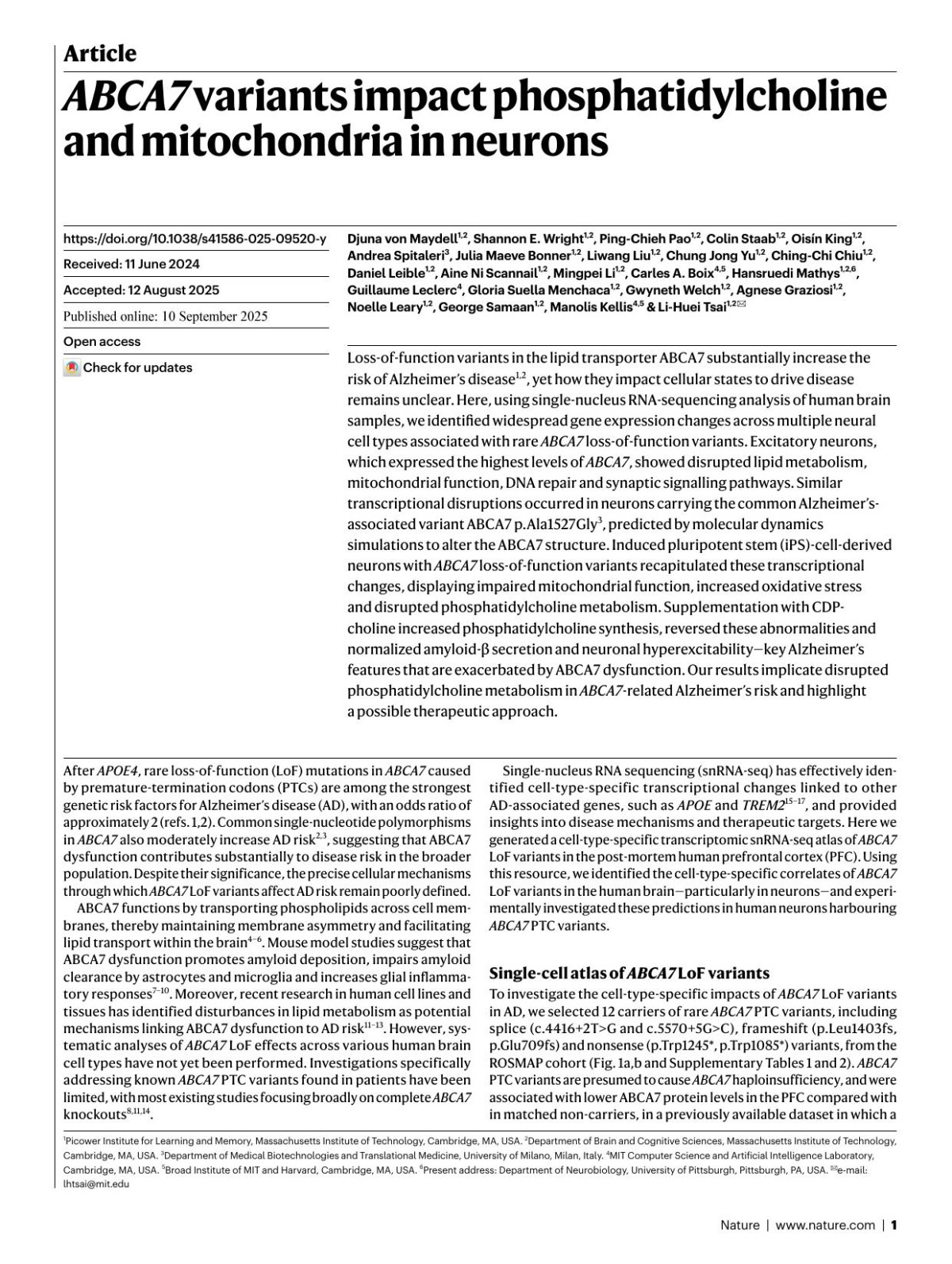 Abca7 Variants Impact Phosphatidylcholine And Mitochondria In Neurons Djuna Maydell Shannon E Wright Pingchieh Pao Colin Staab Oisampx000edn King Andrea Spitaleri Julia Maeve Bonner Liwang Liu Chung Jong Yu Chingchi Chiu Daniel Leible Aine Ni Scannail Mingpei Li Carles A Boix Hansruedi