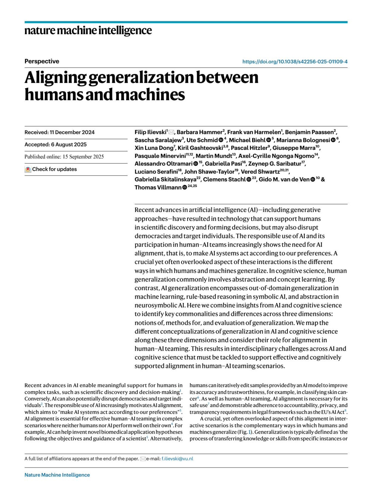 Aligning Generalization Between Humans And Machines Filip Ilievski Barbara Hammer Frank Harmelen Benjamin Paassen Sascha Saralajew Ute Schmid Michael Biehl Marianna Bolognesi Xin Luna Dong Kiril Gashteovski Pascal Hitzler Giuseppe Marra Pasquale Minervini Martin Mundt