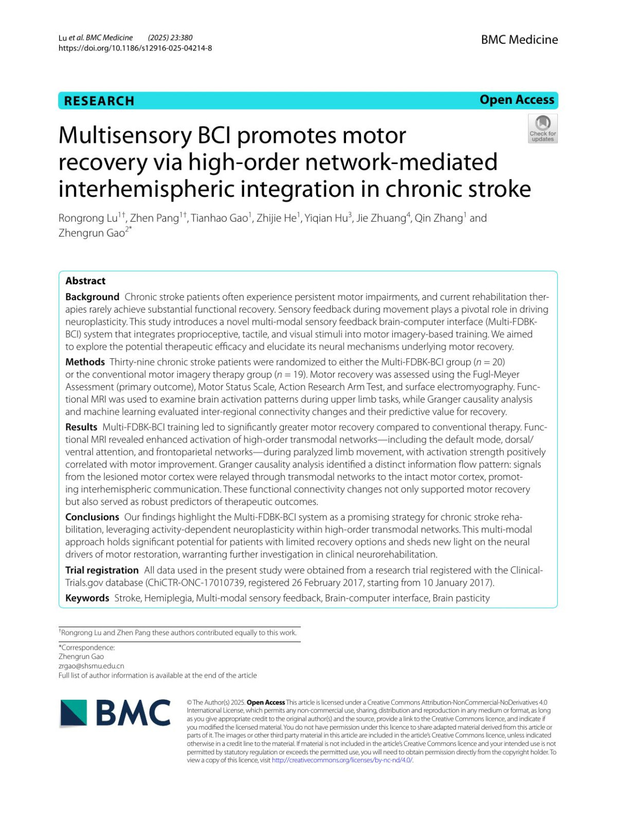 Multisensory Bci Promotes Motor Recovery Via Highorder Networkmediated Interhemispheric Integration In Chronic Stroke Rongrong Lu Zhen Pang Tianhao Gao Zhijie He Yiqian Hu Jie Zhuang Qin Zhang Zhengrun Gao