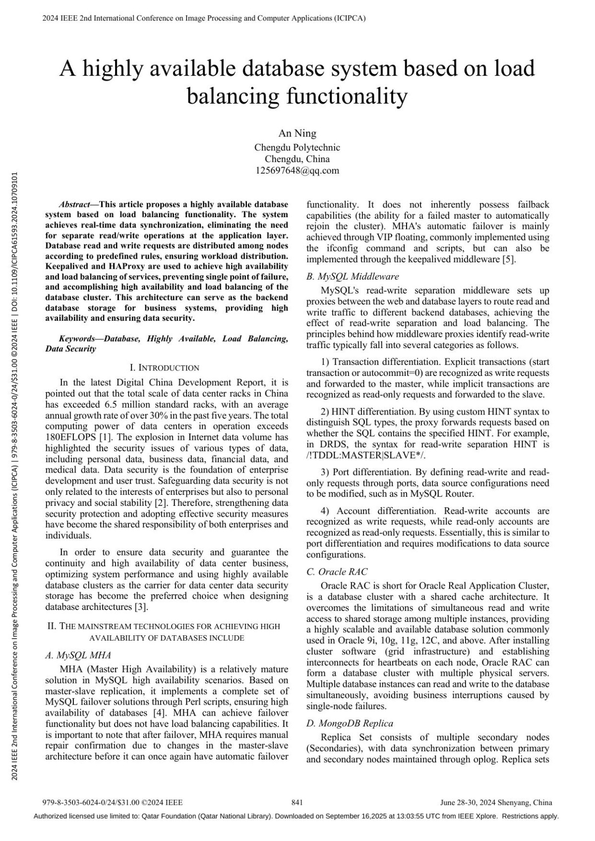 A Highly Available Database System Based On Load Balancing Functionality An Ning