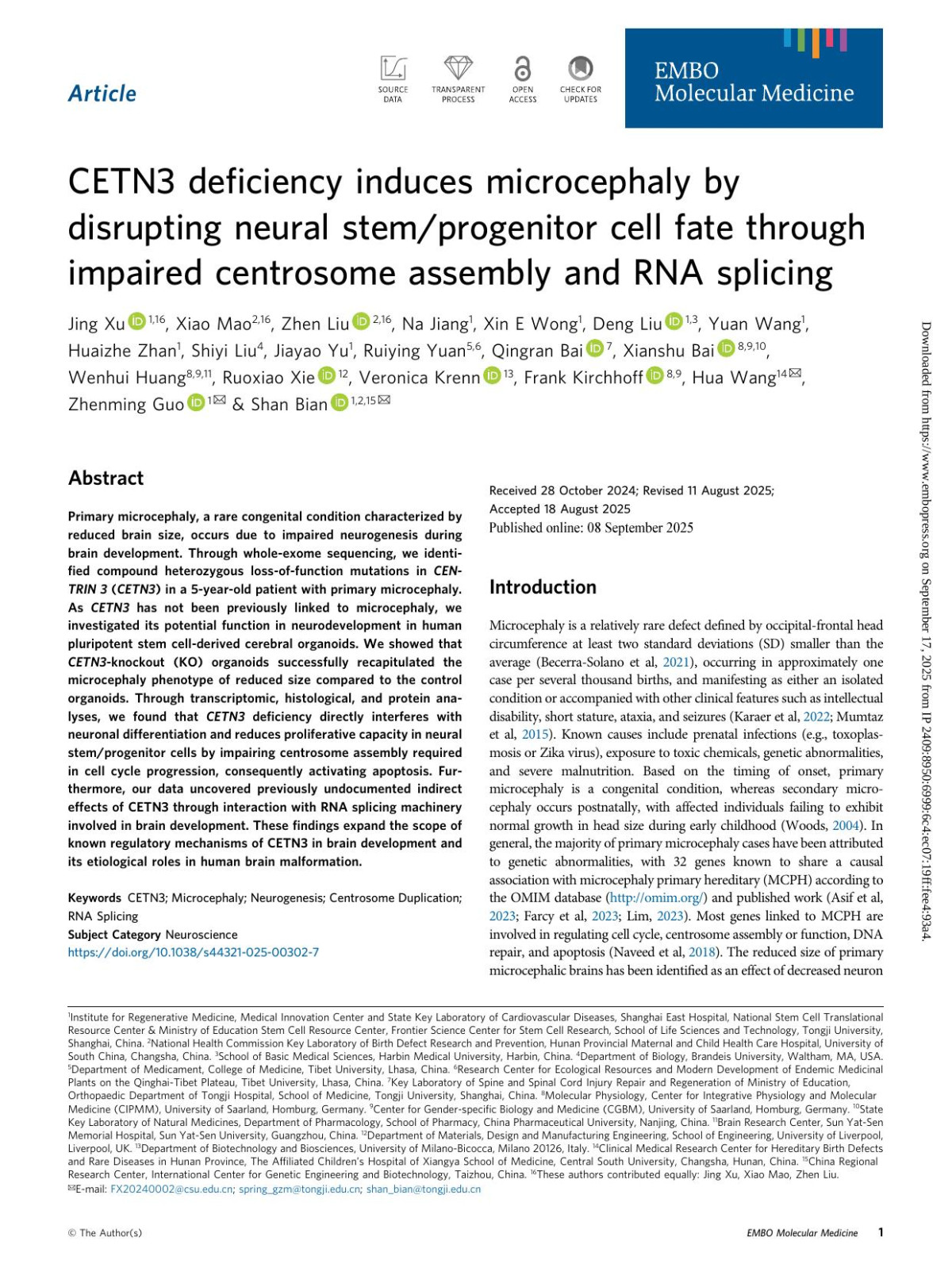 Cetn3 Deficiency Induces Microcephaly By Disrupting Neural Stemprogenitor Cell Fate Through Impaired Centrosome Assembly And Rna Splicing Jing Xu Xiao Mao Zhen Liu Na Jiang Xin E Wong Deng Liu Yuan Wang Huaizhe Zhan Shiyi Liu Jiayao Yu Ruiying Yuan Qingran Bai Xianshu Bai Wenhui Huang Ruoxiao Xie Veronica Krenn Frank Kirchhoff Hua Wang Zhenming Guo
