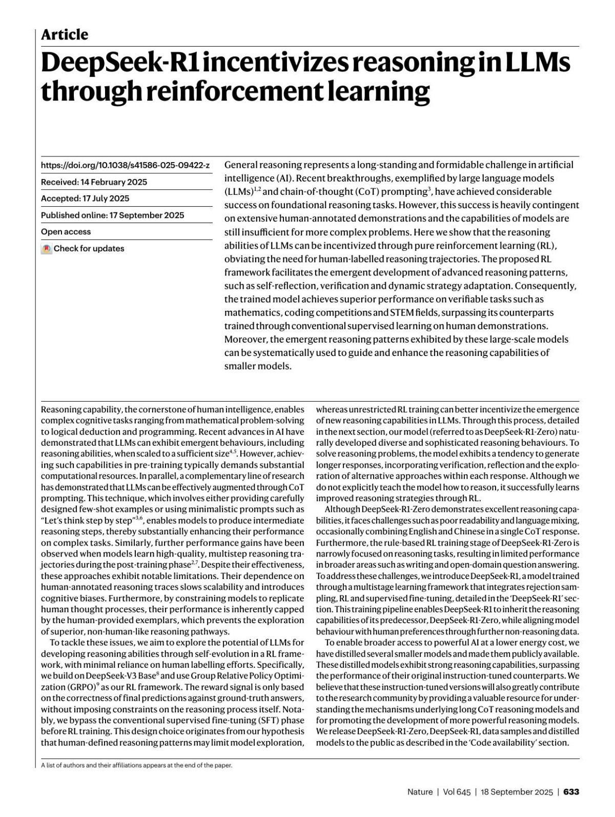 Deepseekr1 Incentivizes Reasoning In Llms Through Reinforcement Learning Daya Guo Dejian Yang Haowei Zhang Junxiao Song Peiyi Wang Qihao Zhu Runxin Xu Ruoyu Zhang Shirong Ma Xiao Bi Xiaokang Zhang Xingkai Yu Yu Wu Z F Wu Zhibin Gou Zhihong Shao Zhuoshu Li Ziyi Gao Aixin Liu Bing Xue