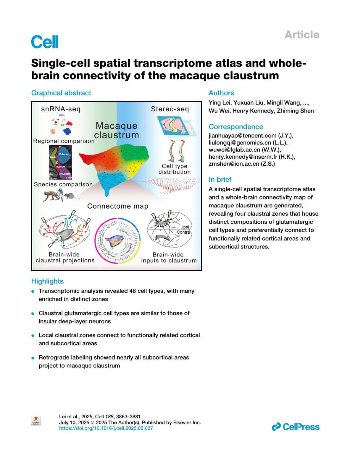 Singlecell Spatial Transcriptome Atlas And Wholebrain Connectivity Of The Macaque Claustrum Ying Lei Yuxuan Liu Mingli Wang Nini Yuan Yujie Hou Lingjun Ding Zhiyong Zhu Zihan Wu Chao Li Mingyuan Zheng Ruiyi Zhang Ana Rita Ribeiro Gomes Yuanfang Xu Zhaoke Luo Zhen Liu Qinwen Chai Pierre Misery Yanqing Zhong