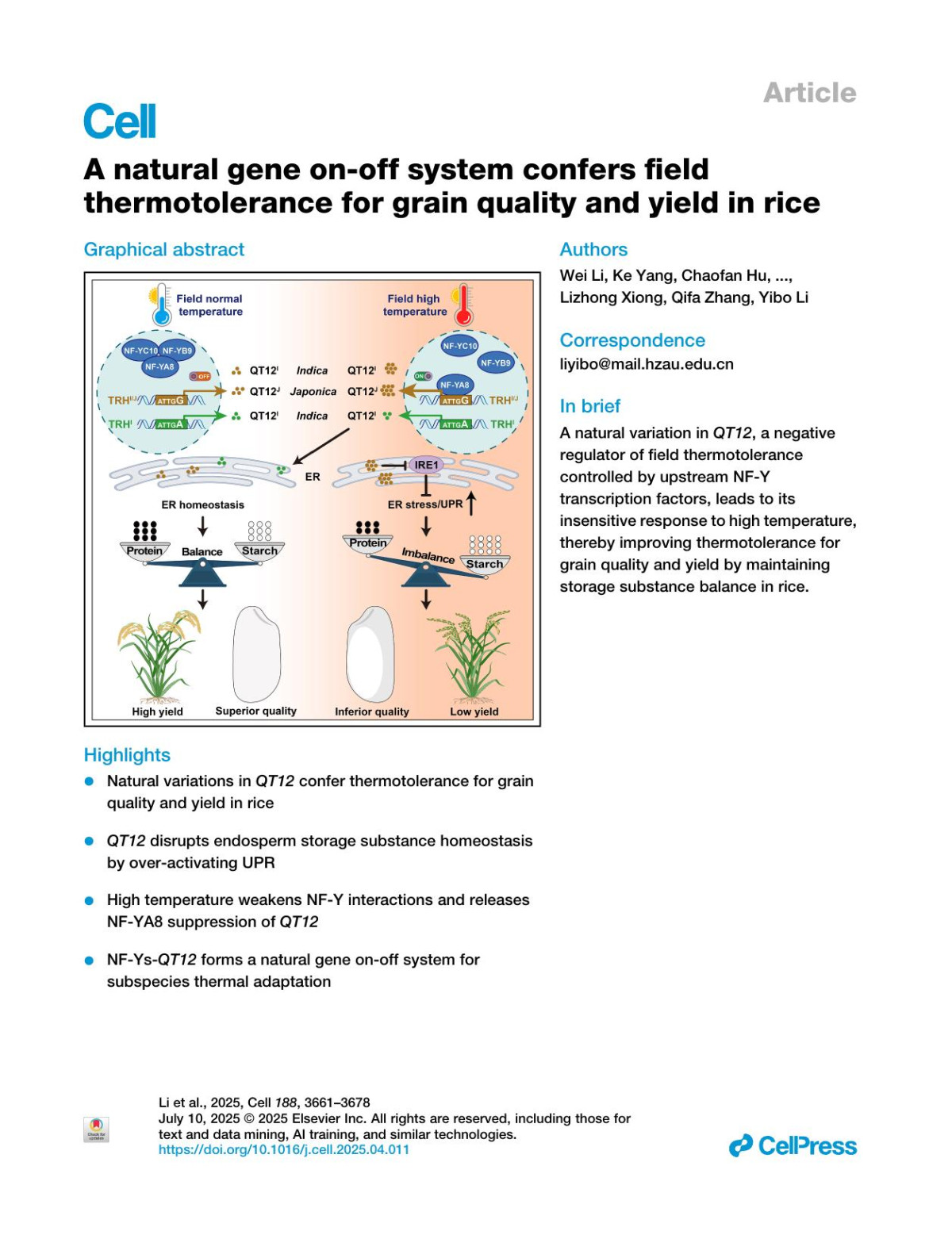 A Natural Gene Onoff System Confers Field Thermotolerance For Grain Quality And Yield In Rice Wei Li Ke Yang Chaofan Hu Waseem Abbas Jian Zhang Pengkun Xu Bo Cheng Juncheng Zhang Wenjing Yin Abdullah Shalmani Lianghuan Qu Qingya Lv Bingchen Li Yuqing He Xuelei Lai Lizhong Xiong Qifa Zhang Yibo Li