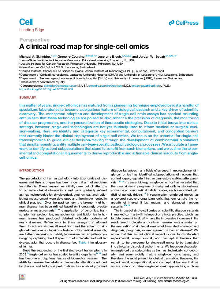 A Clinical Road Map For Singlecell Omics Michael A Skinnider Gregoire Courtine Jocelyne Bloch Jordan W Squair