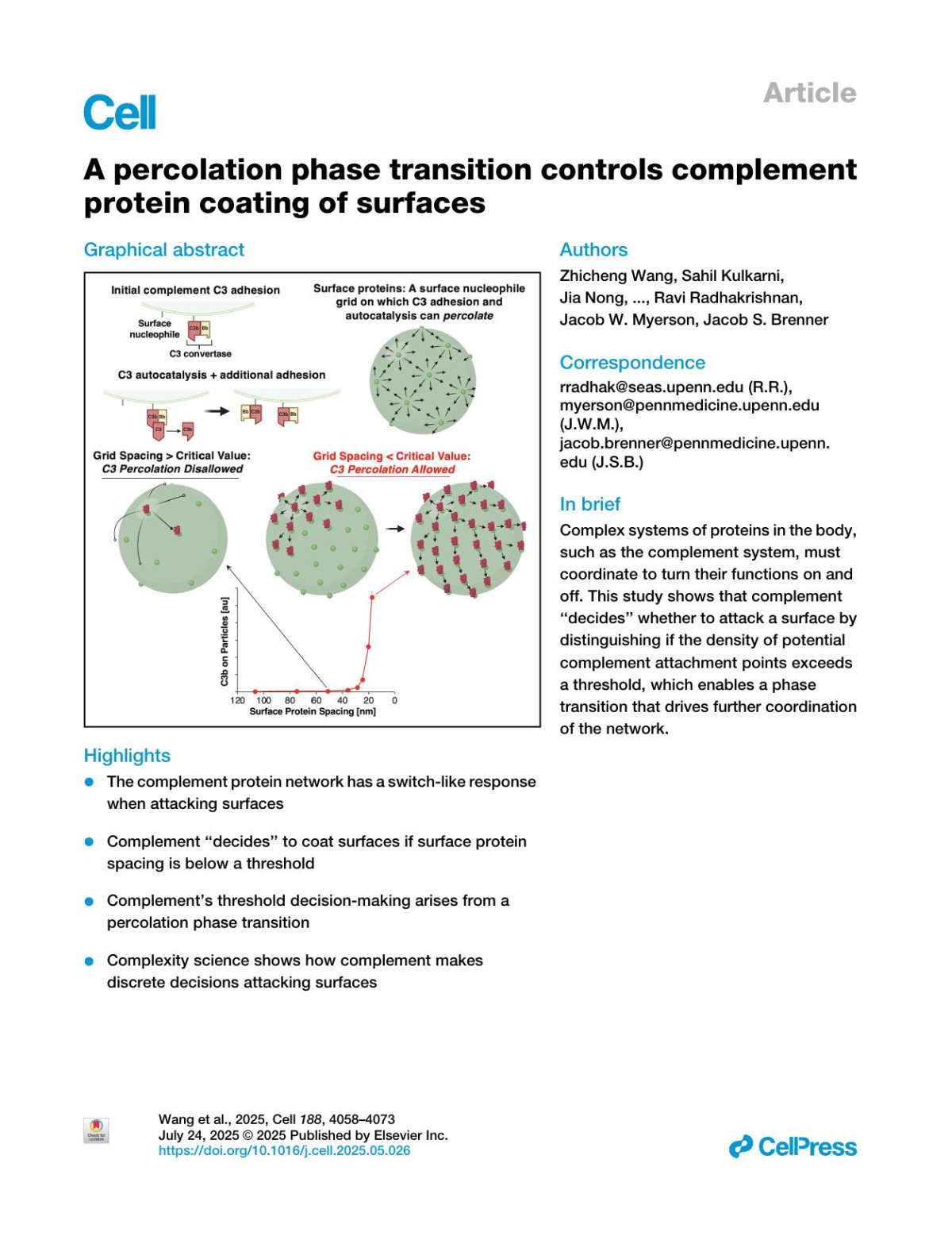 A Percolation Phase Transition Controls Complement Protein Coating Of Surfaces Zhicheng Wang Sahil Kulkarni Jia Nong Marco Zamora Alireza Ebrahimimojarad Elizabeth Hood Tea Shuvaeva Michael Zaleski Damodar Gullipalli Emily Wolfe Carolann Espy Evguenia Arguiri Jichuan Wu Yufei Wang Oscar A