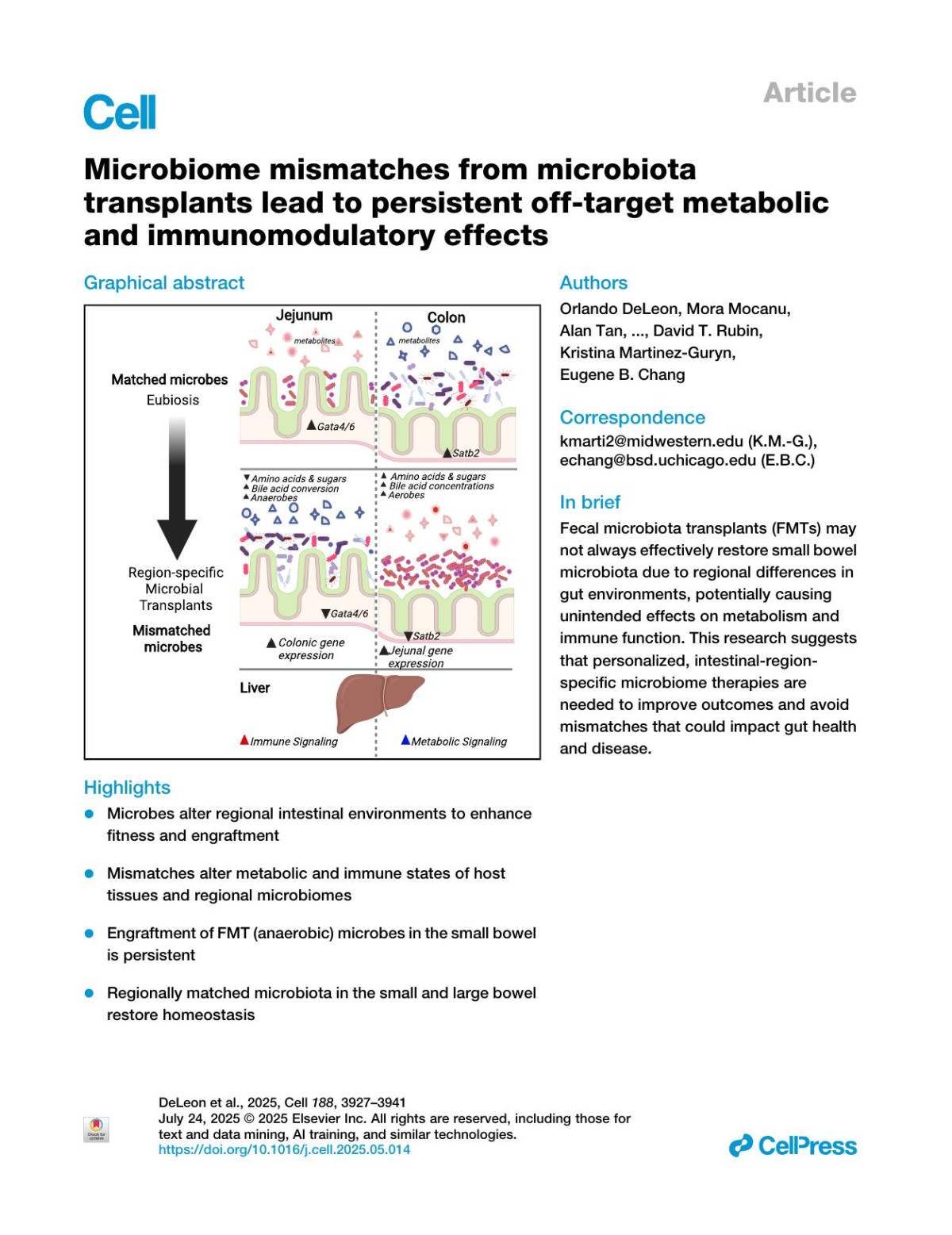 Microbiome Mismatches From Microbiota Transplants Lead To Persistent Offtarget Metabolic And Immunomodulatory Effects Orlando Deleon Mora Mocanu Alan Tan Etc