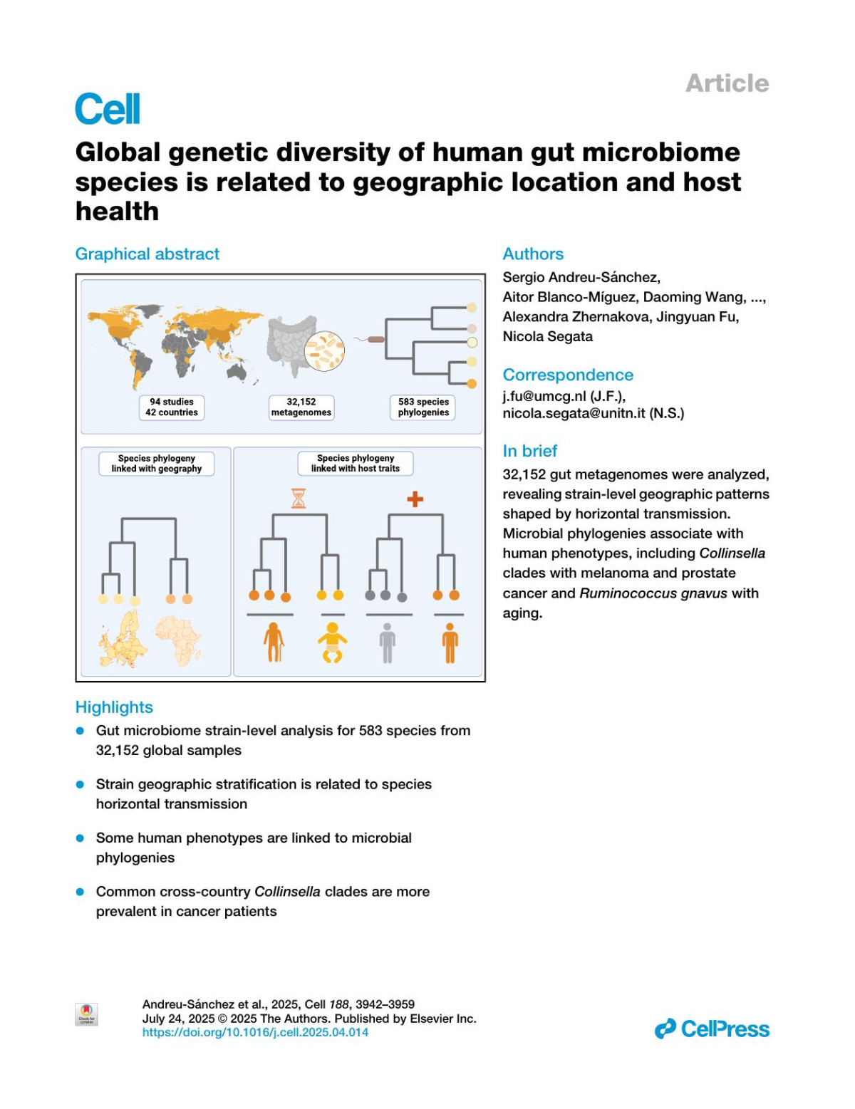 Global Genetic Diversity Of Human Gut Microbiome Species Is Related To Geographic Location And Host Health Sergio Andreusánchez Aitor Blancomíguez Daoming Wang Davide Golzato Paolo Manghi Vitor Heidrich Gloria Fackelmann Daria V Zhernakova Alexander Kurilshikov Mireia Vallescolomer Rinse K Weersma Alexandra Zhernakova Jingyuan