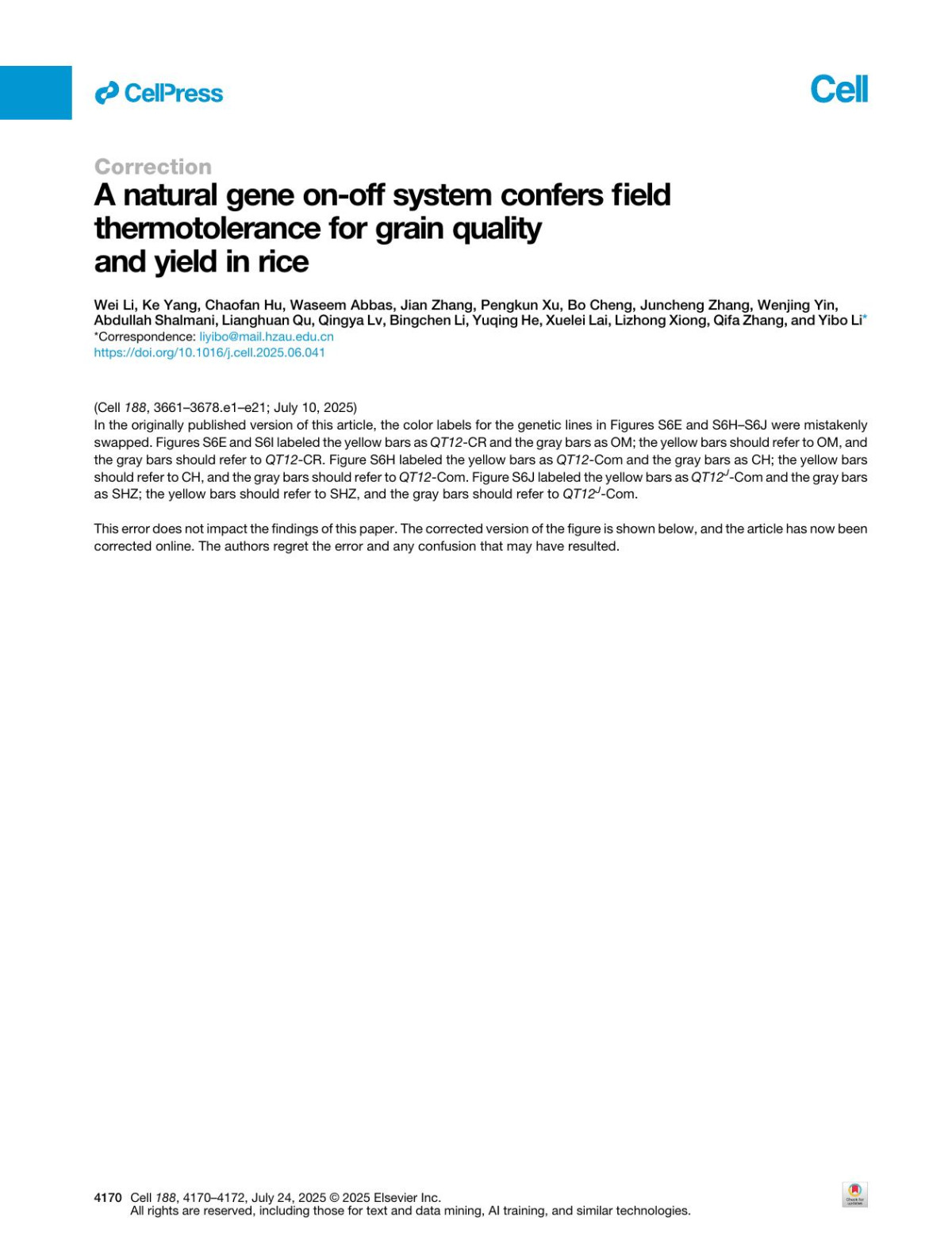 Correction To A Natural Gene Onoff System Confers Field Thermotolerance For Grain Quality And Yield In Rice Wei Li Ke Yang Chaofan Hu Waseem Abbas Jian Zhang Pengkun Xu Bo Cheng Juncheng Zhang Wenjing Yin Abdullah Shalmani Lianghuan Qu Qingya Lv Bingchen Li Yuqing He Xuelei Lai Lizhong Xiong Qifa Zhang Yibo Li