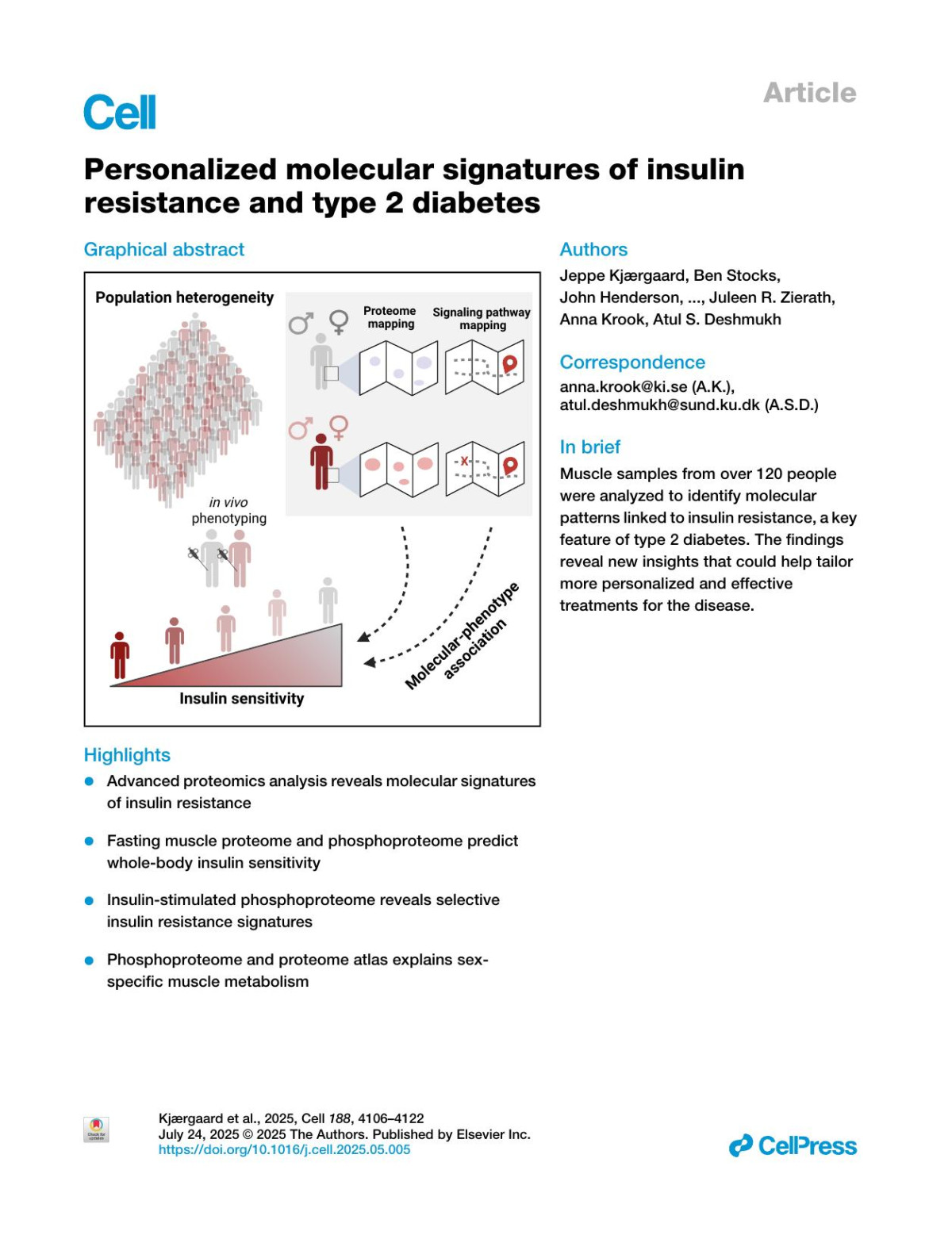 Personalized Molecular Signatures Of Insulin Resistance And Type 2 Diabetes Jeppe Kjærgaard Ben Stocks John Henderson Jordana B Freemantle David Rizoroca Michele Puglia Maria Madrazo Montoya Daniel Andersson Jesper Bäckdahl Daniel Erikssonhogling Jacob V Stidsen Michael Wierer Simon Rasmussen Kei