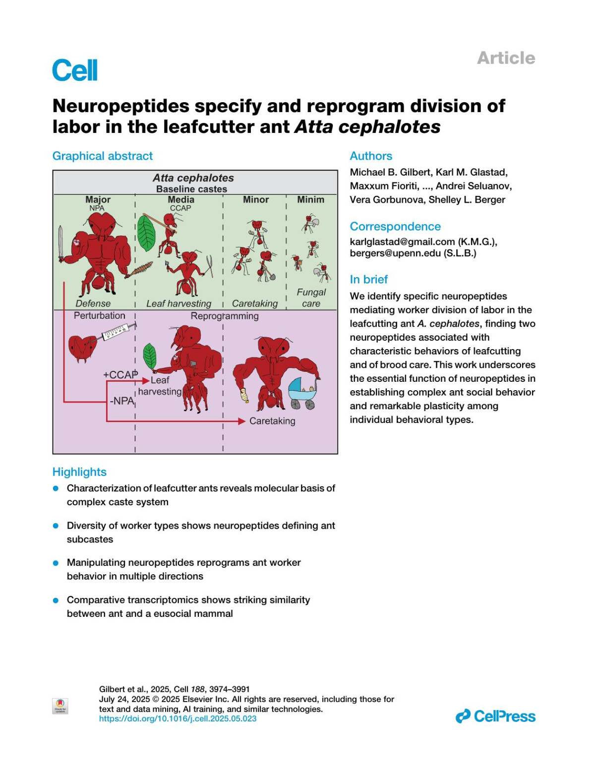 Neuropeptides Specify And Reprogram Division Of Labor In The Leafcutter Ant Atta Cephalotes Michael B Gilbert Karl M Glastad Maxxum Fioriti Matan Sorek Tierney Scarpa Freddy S Purnell Daniel Xu Lindsay K Pino Anatoly Korotkov Ali Biashad Josue Baeza Richard Lauman Anastasiia Filippova Balint Z Kacsoh Roberto