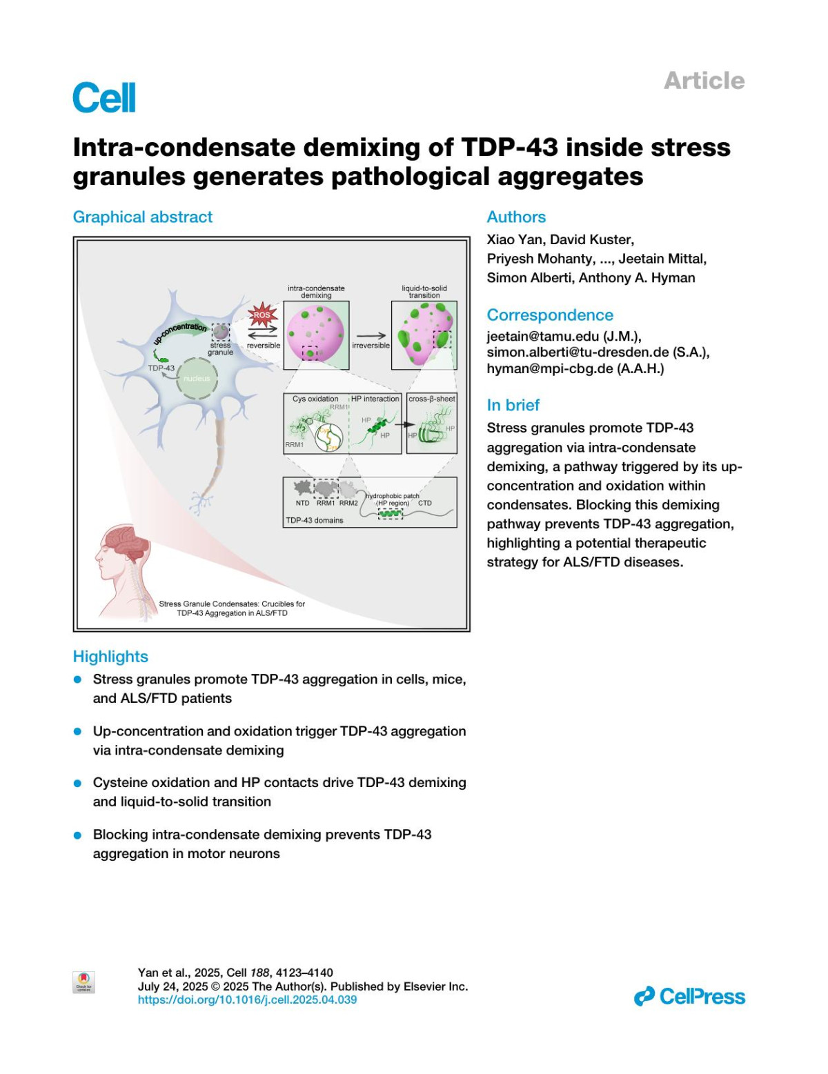 Intracondensate Demixing Of Tdp43 Inside Stress Granules Generates Pathological Aggregates Xiao Yan