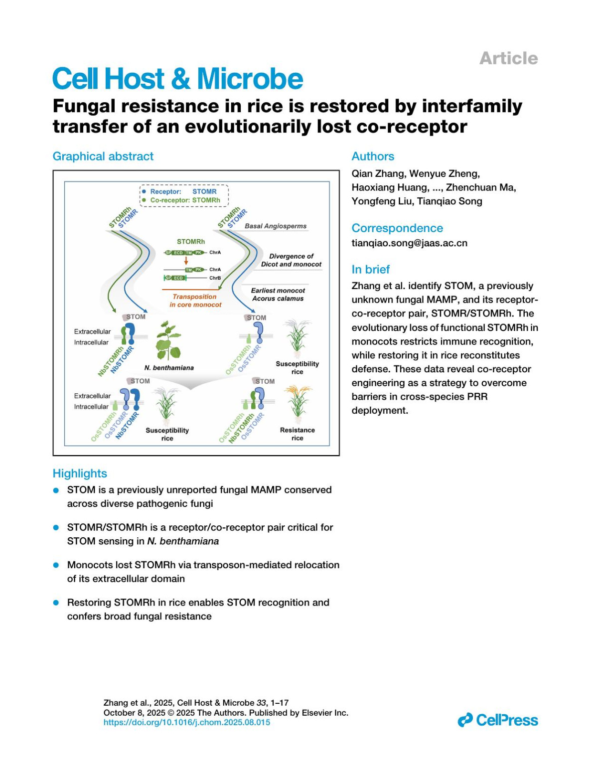 Fungal Resistance In Rice Is Restoredby Interfamily Transferof An Evolutionarily Lost Coreceptor Qian Zhang Wenyue Zheng Haoxiang Huang Shuchen Wang Sizhe Li Kaixiang Wang Haixia You Hao Gong Xiayan Pan Zhongqiang Qi Yan Du Junjie Yu Mina Yu Huijuan Cao Rongsheng Zhang Yuanchao Wang Daolong Dou Zhenchuan Ma