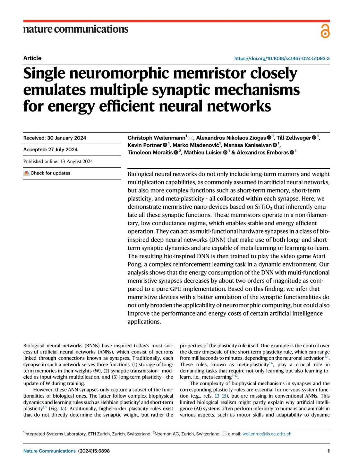 Single Neuromorphic Memristor Closely Emulates Multiple Synaptic Mechanisms For Energy Efficient Neural Networks Christoph Weilenmann